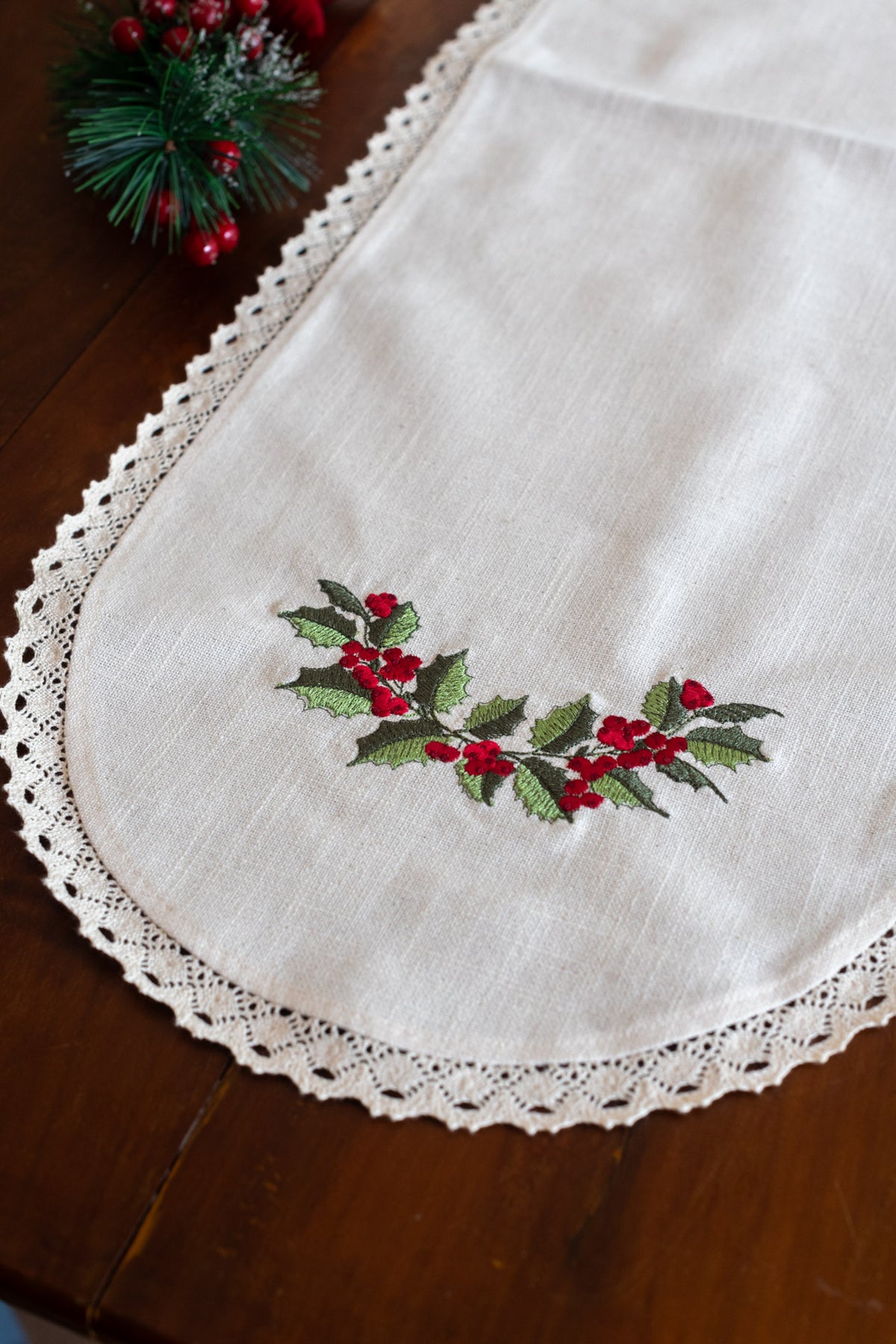 Cotton table runner with embroidery and lace detailing 12x36 -customisable