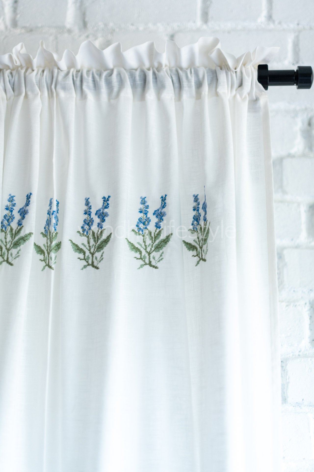 COTTON SHEER CURTAINS with cross stitch embroidery -7 Feet-Single unit(Customisable )-Rod pocket curtain