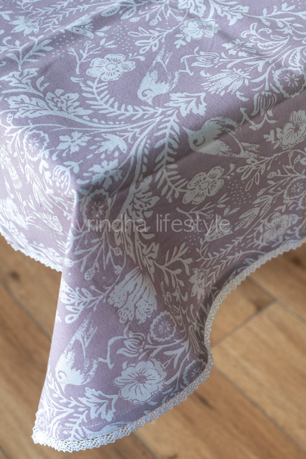Cotton printed table cover with lace detailing-coffee table