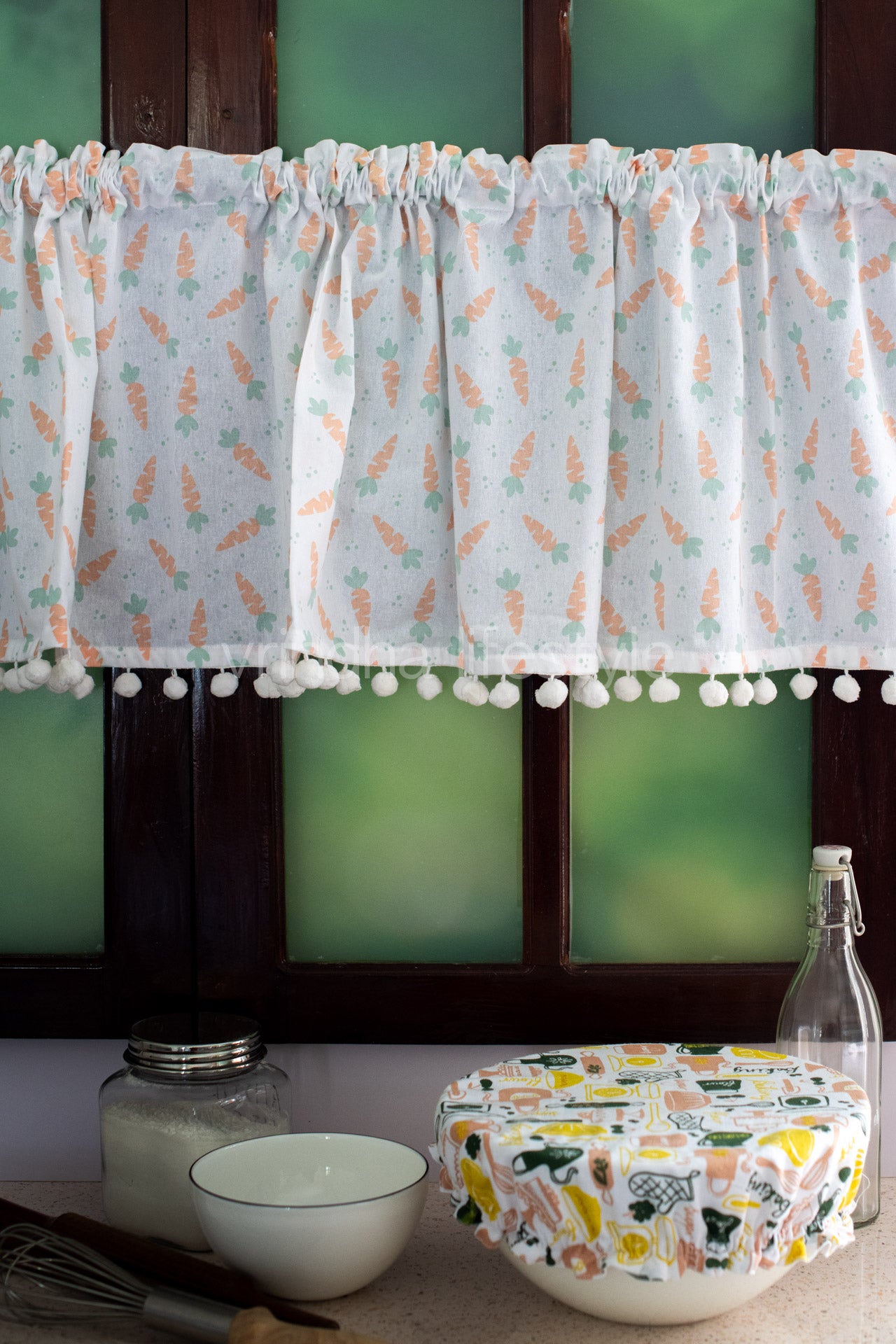 KITCHEN VALANCE-Cotton printed with pompom ( customisable )