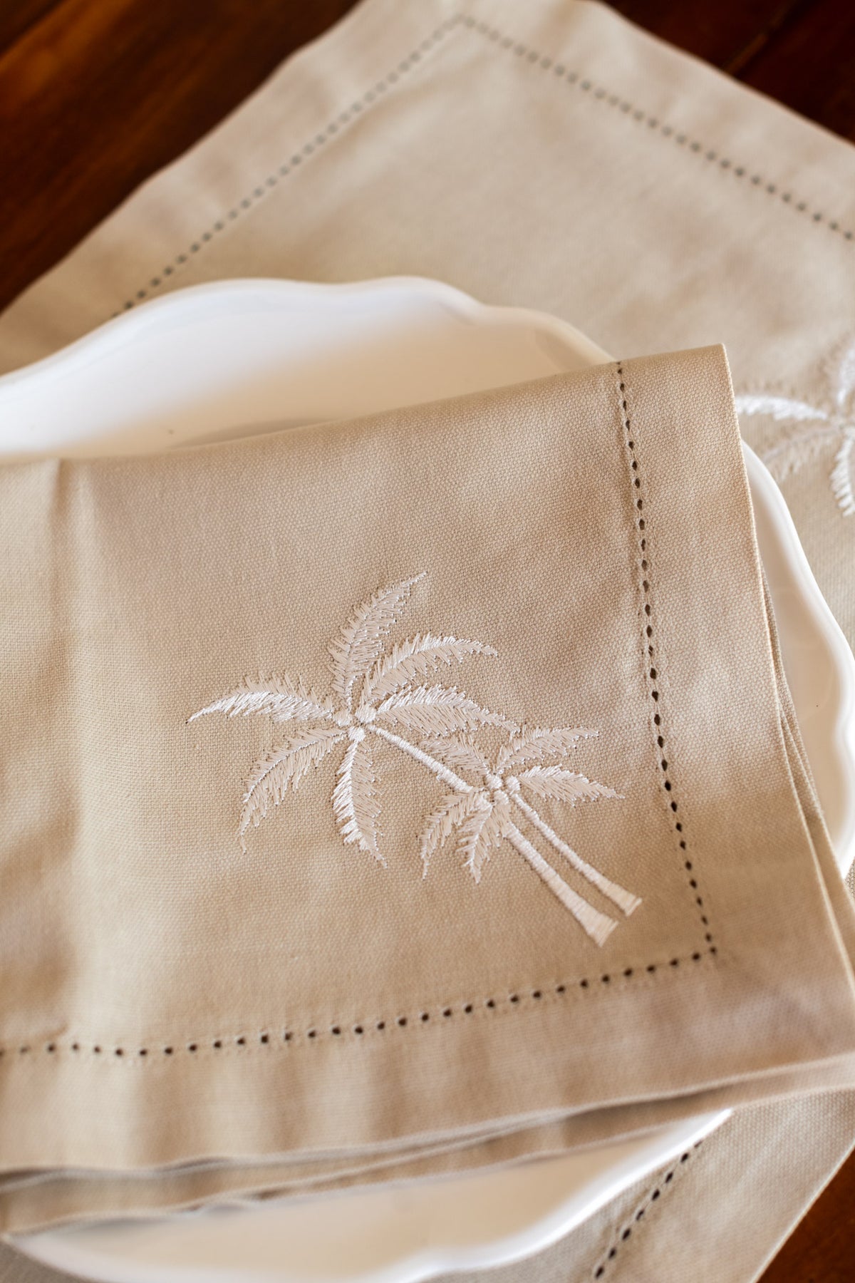 COTTON TABLE NAPKINS with embroidery and hem stitch detailing-Set of 2