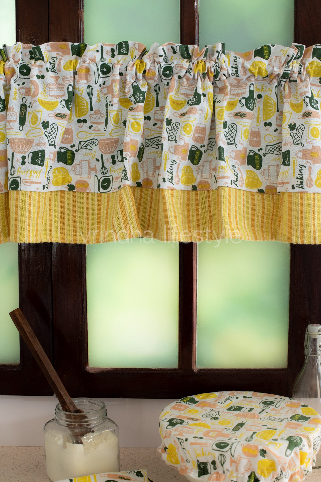 KITCHEN VALANCE-Cotton printed with with cotton woven stripes(customisable )