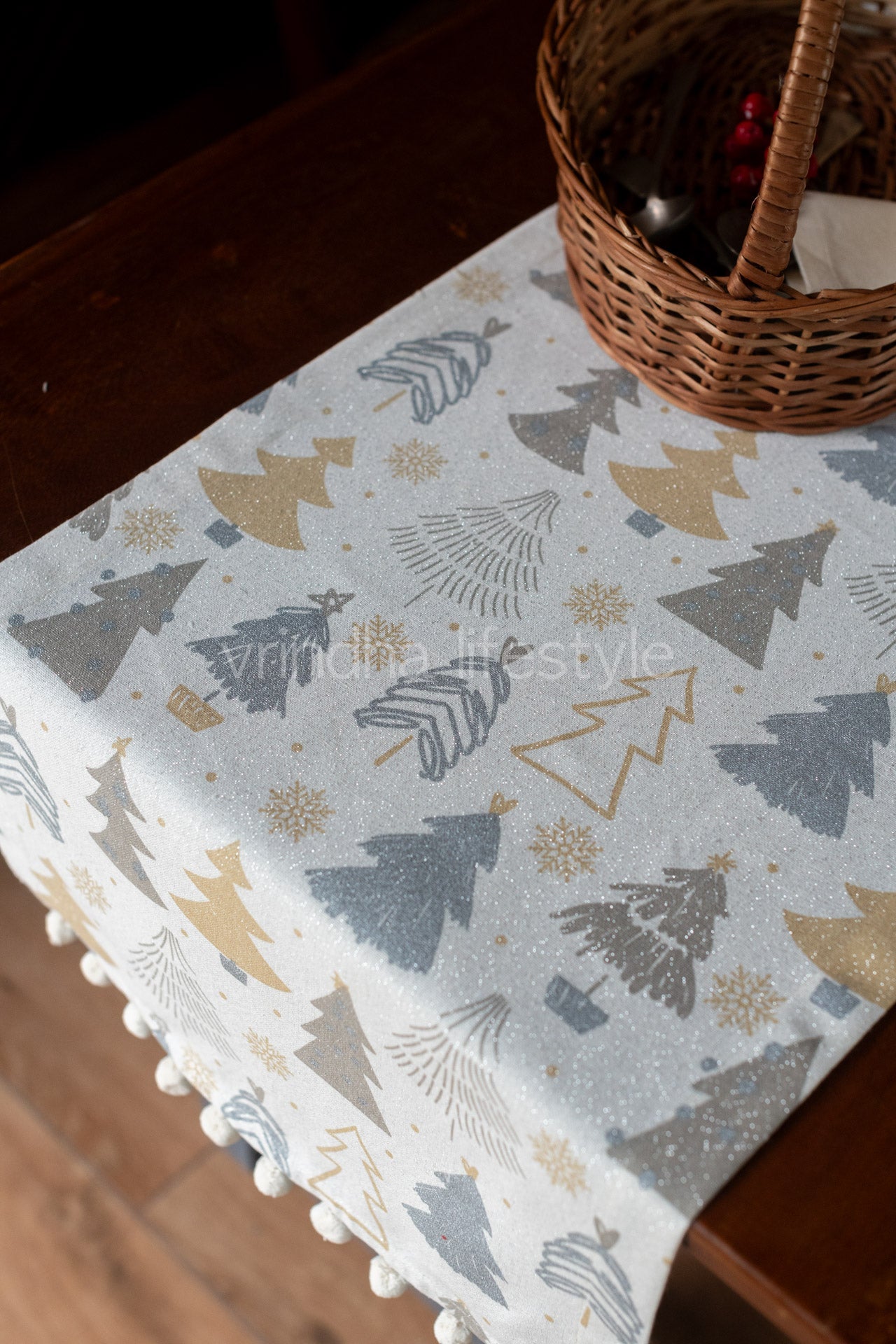 TABLE RUNNER-printed cotton lurex with pompom-16x60 inches-4 seater