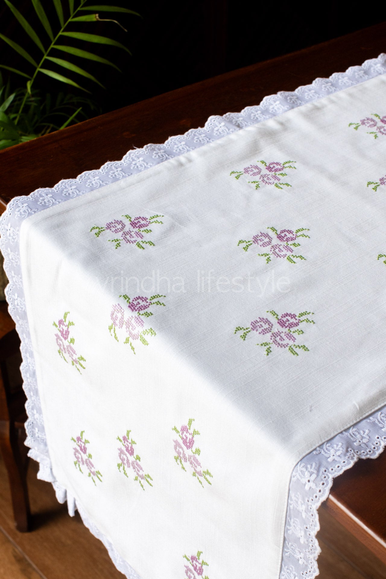 Cotton slub table runner with cross stitch embroidery and lace detailing- 16x50 inches-customisable