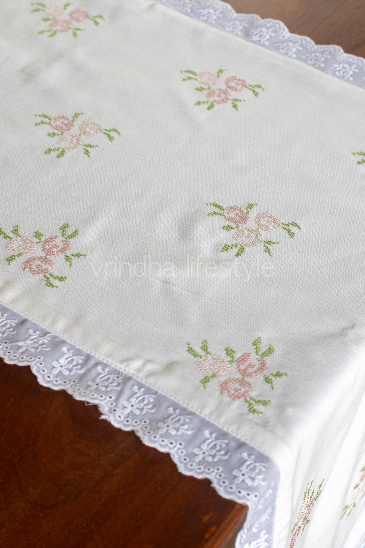 Cotton slub table runner with cross stitch embroidery and lace detailing- 16x50 inches-customisable
