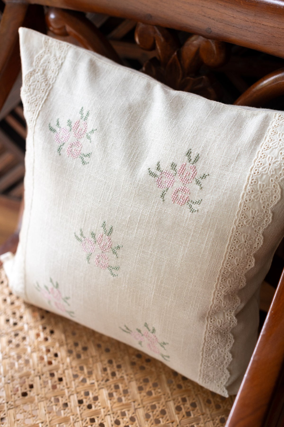 Cotton cushion cover with cross stitch embroidery and lace detailing-Single unit- 16x16 inches-customisable