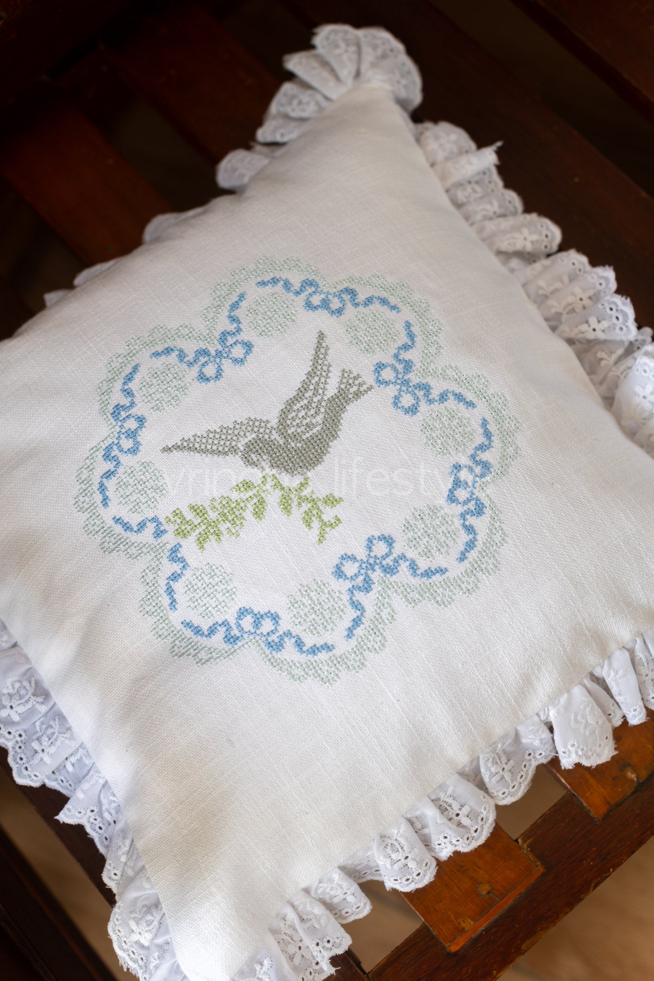 Cotton cushion cover with cross stitch embroidery and lace detailing -Single unit- 12x12 inches( Customisable)