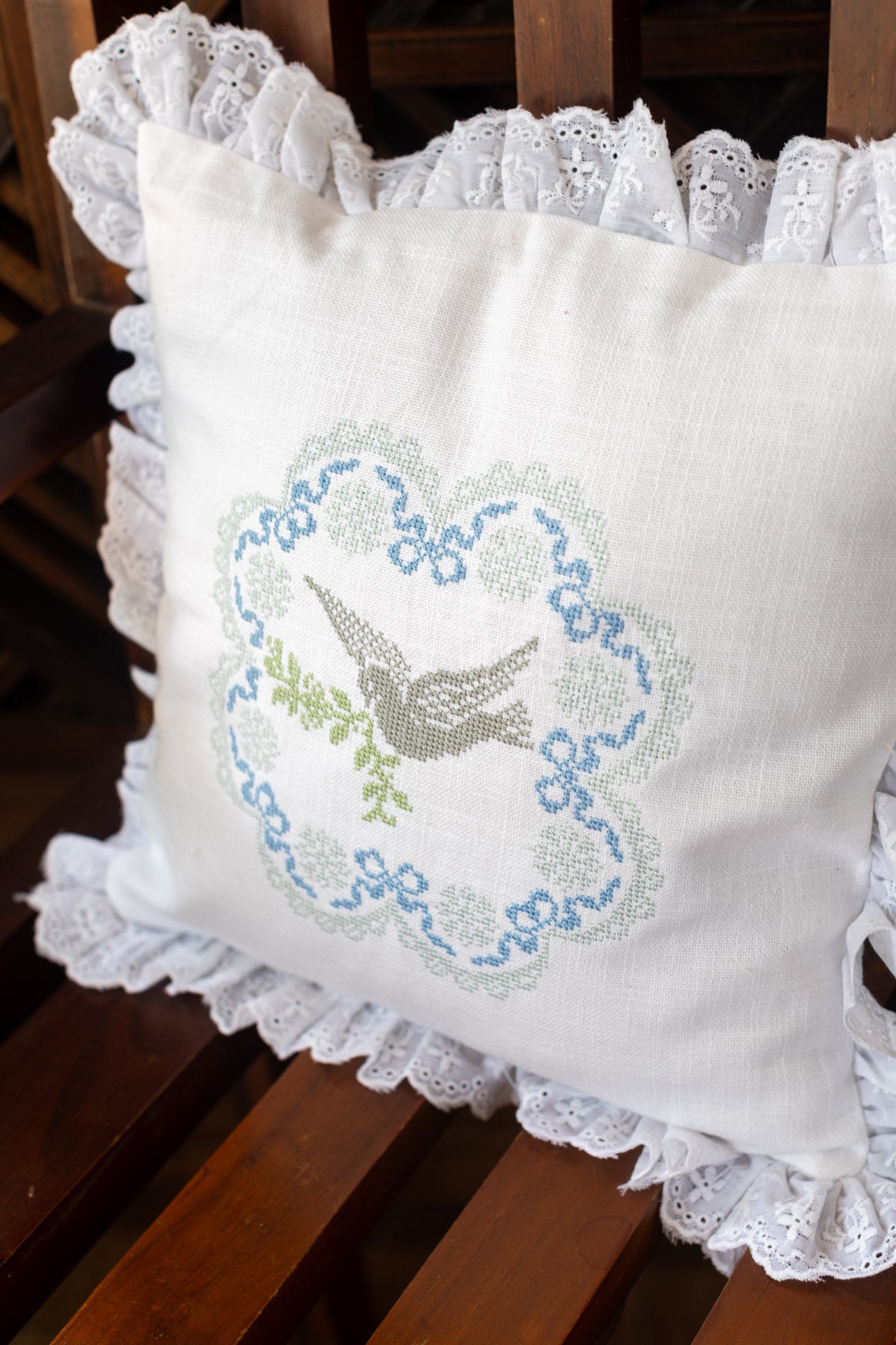 Cotton cushion cover with cross stitch embroidery and lace detailing -Single unit- 12x12 inches( Customisable)