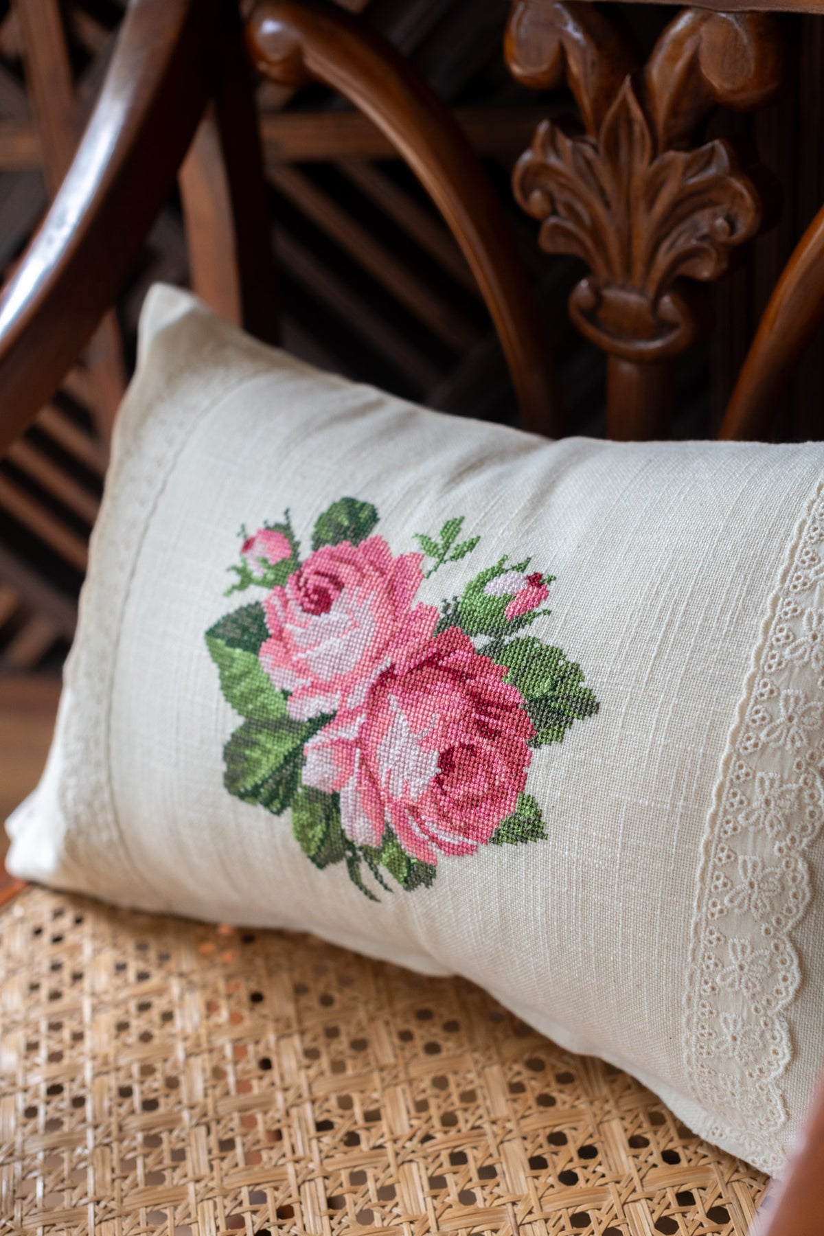 Cotton pre-filled cushion cover with cross stitch embroidery and lace detailing -12x18 inches-single unit