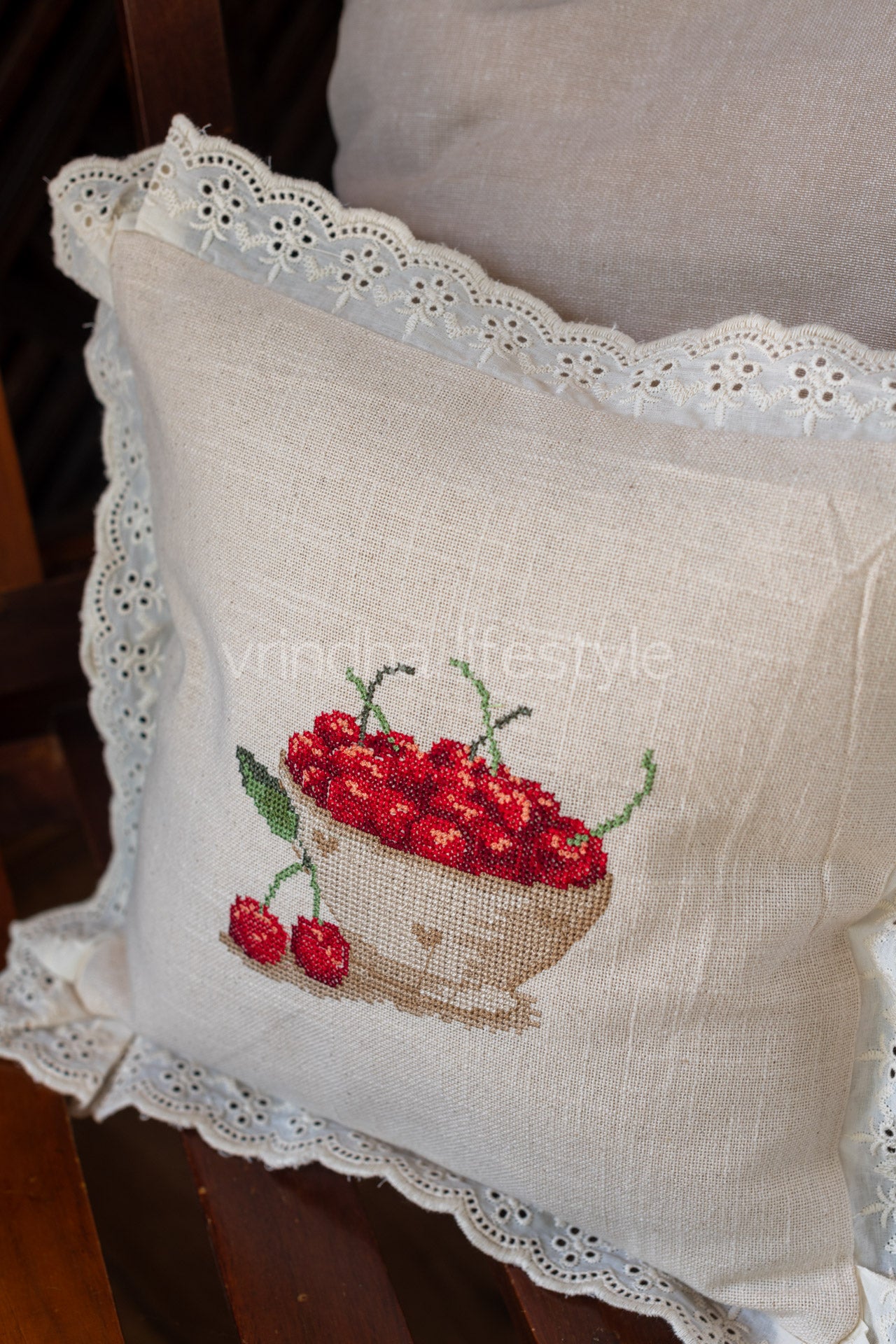 cotton cushion cover with cross stitch  embroidery and lace detailing -Single unit- 12x12 inches( Customisable)