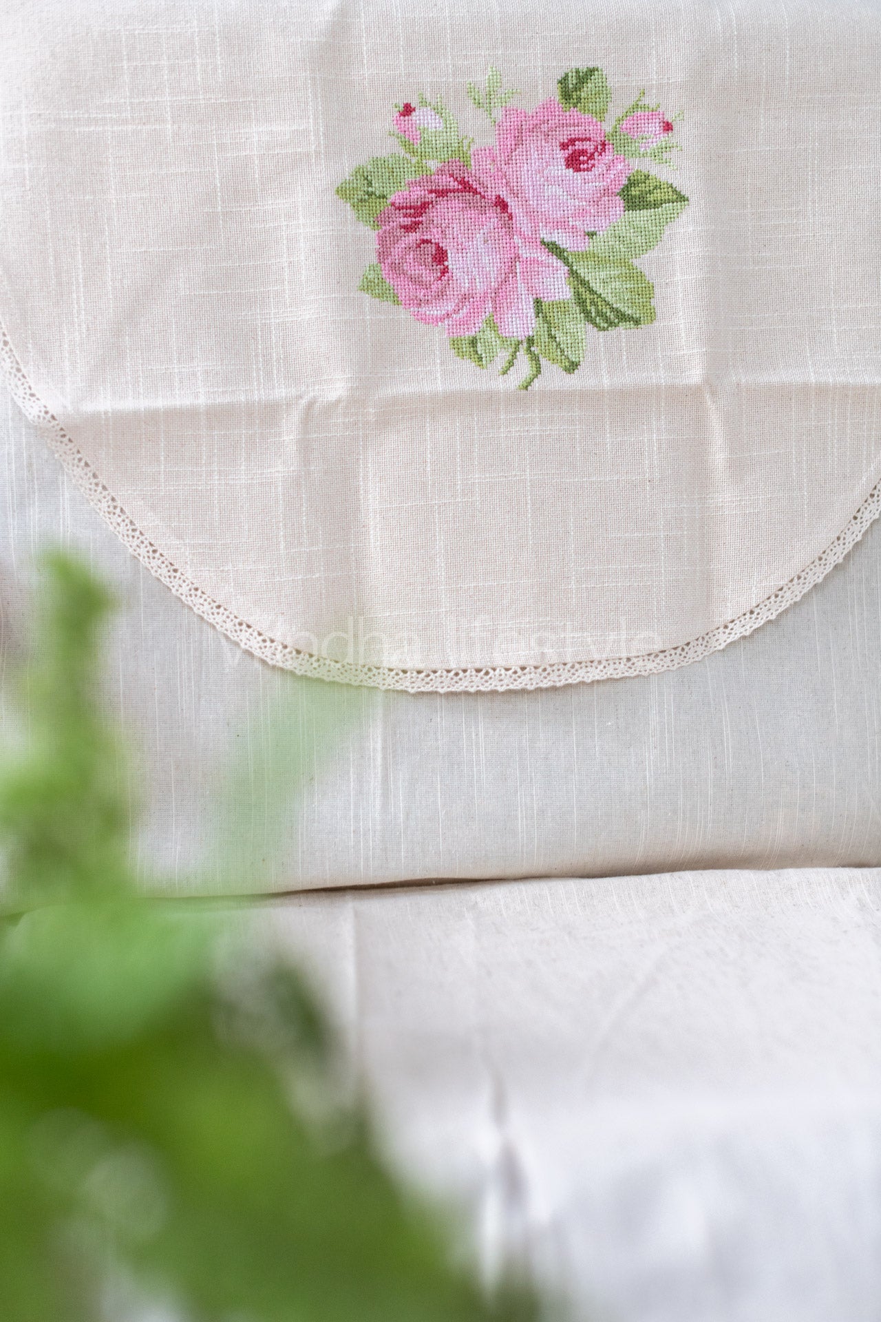 PREMIUM SOFA BACK COVER-with cross stitch embroidery and lace detailing -Single unit