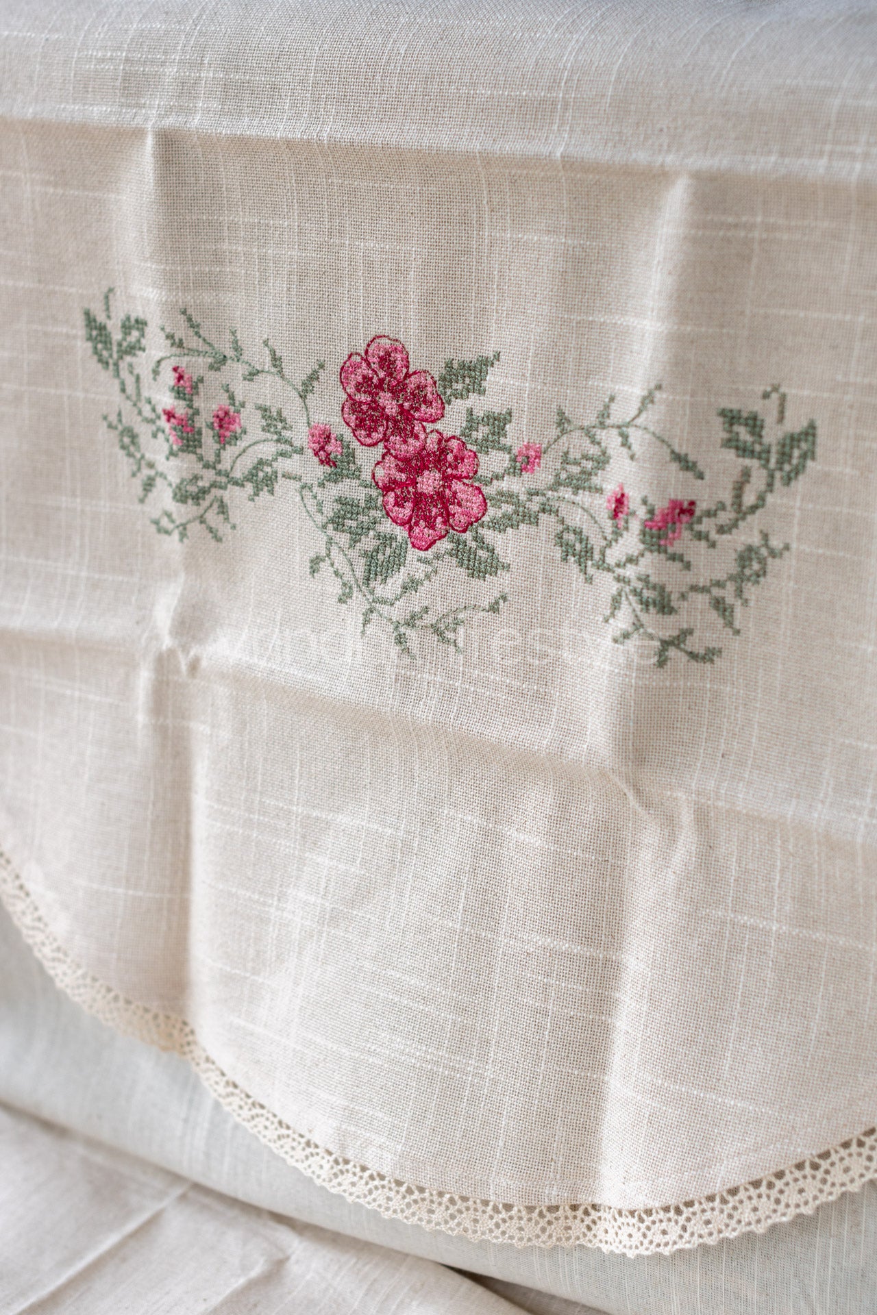 PREMIUM SOFA BACK COVER-with cross stitch embroidery and lace detailing -Single unit