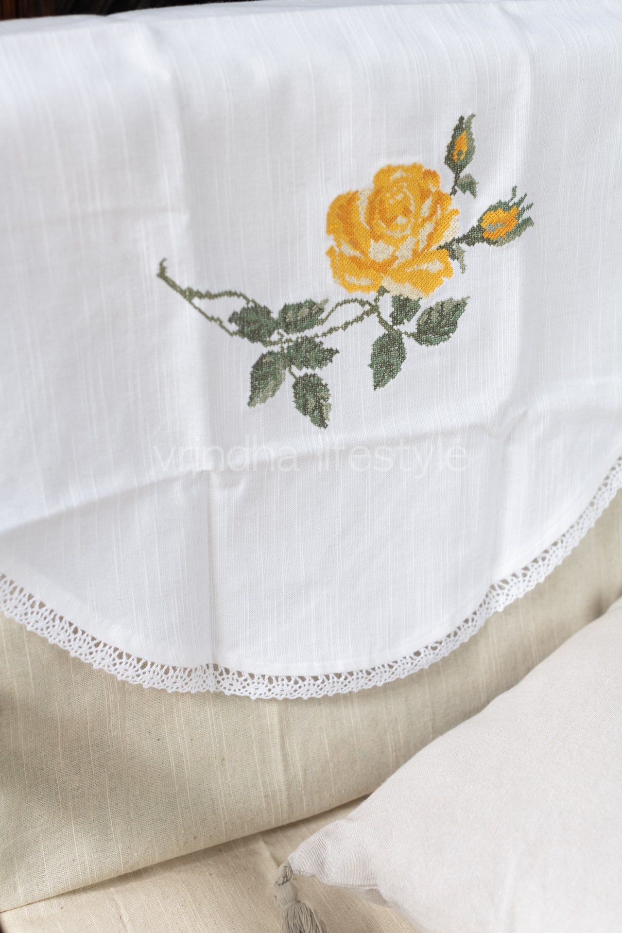 PREMIUM SOFA BACK COVER-with cross stitch embroidery and lace detailing -Single unit