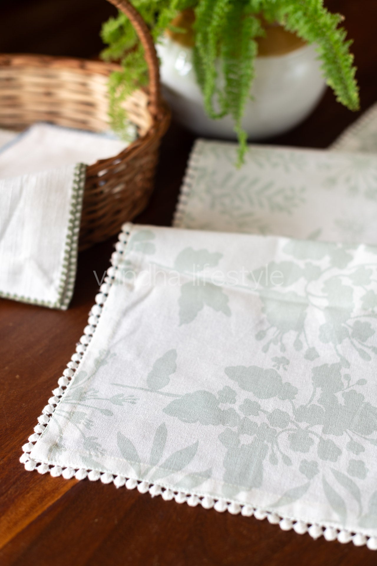 Printed cotton table runner with lace detailing-11.5x64 - inches -4 seater