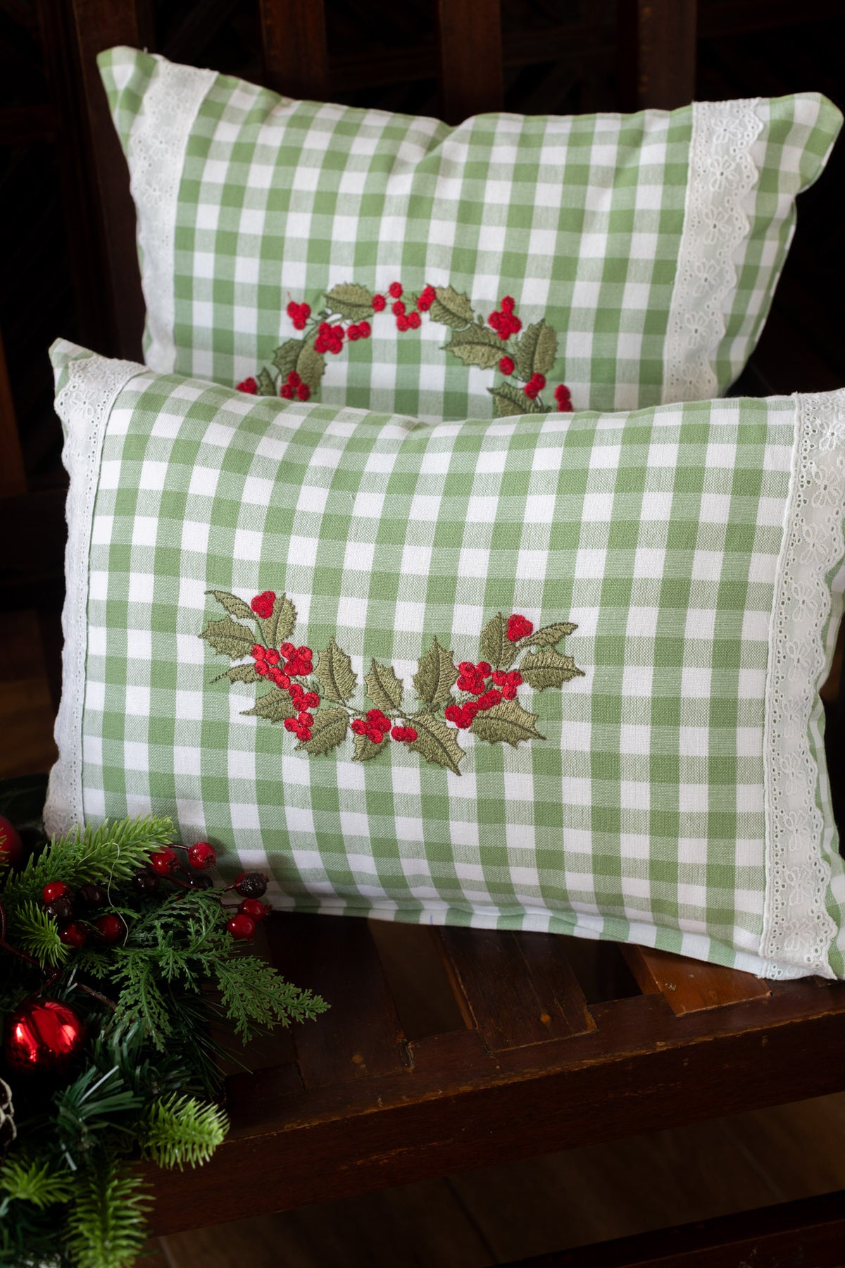 Cotton pre-filled cushion cover with embroidery and lace detailing -12x18 inches-single unit