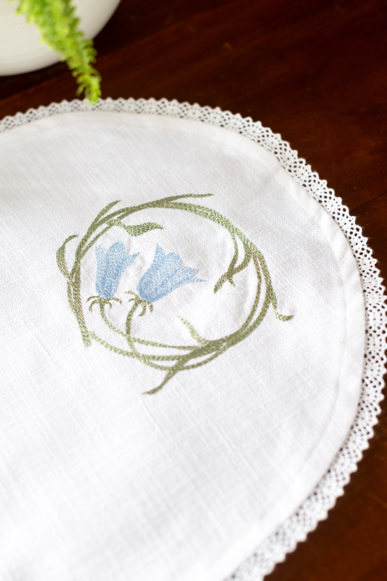 Cotton coffee table runner with embroidery and lace detailing- 13x30inches