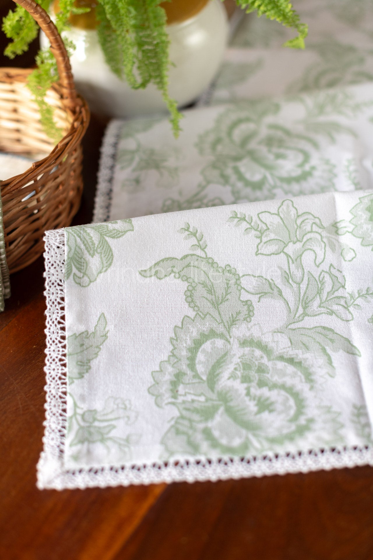 Printed cotton table runner with lace detailing-16x50 - inches