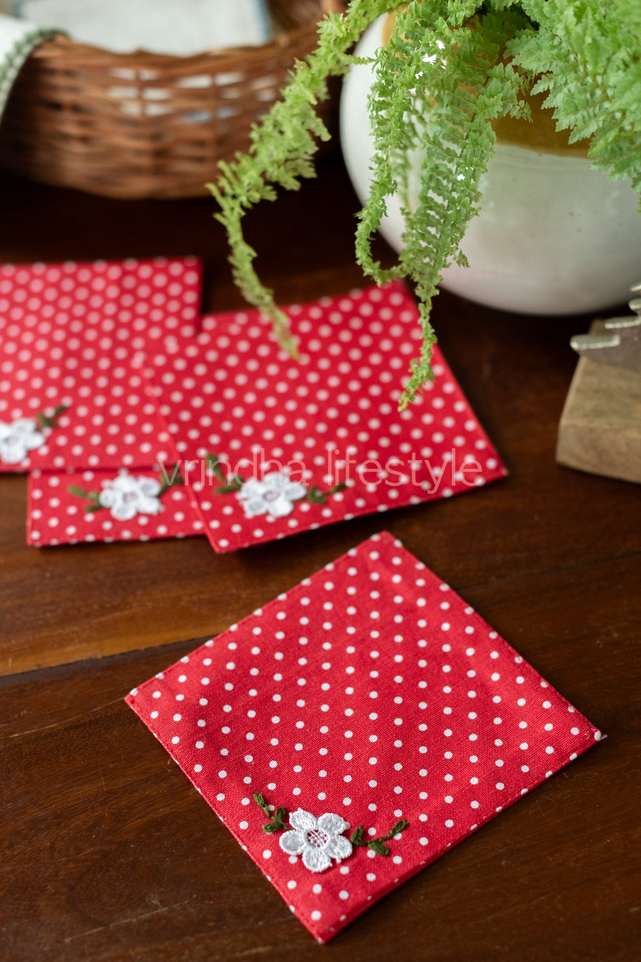 Cotton coasters with hand embroidery and lace detailing -set of 4