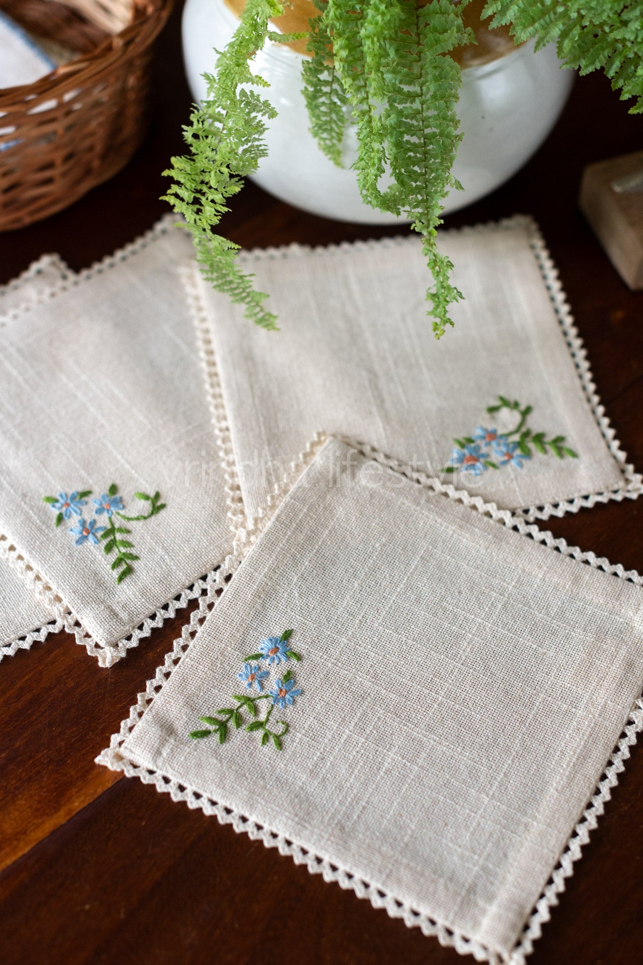 Cotton coasters with hand embroidery and lace detailing -set of 4