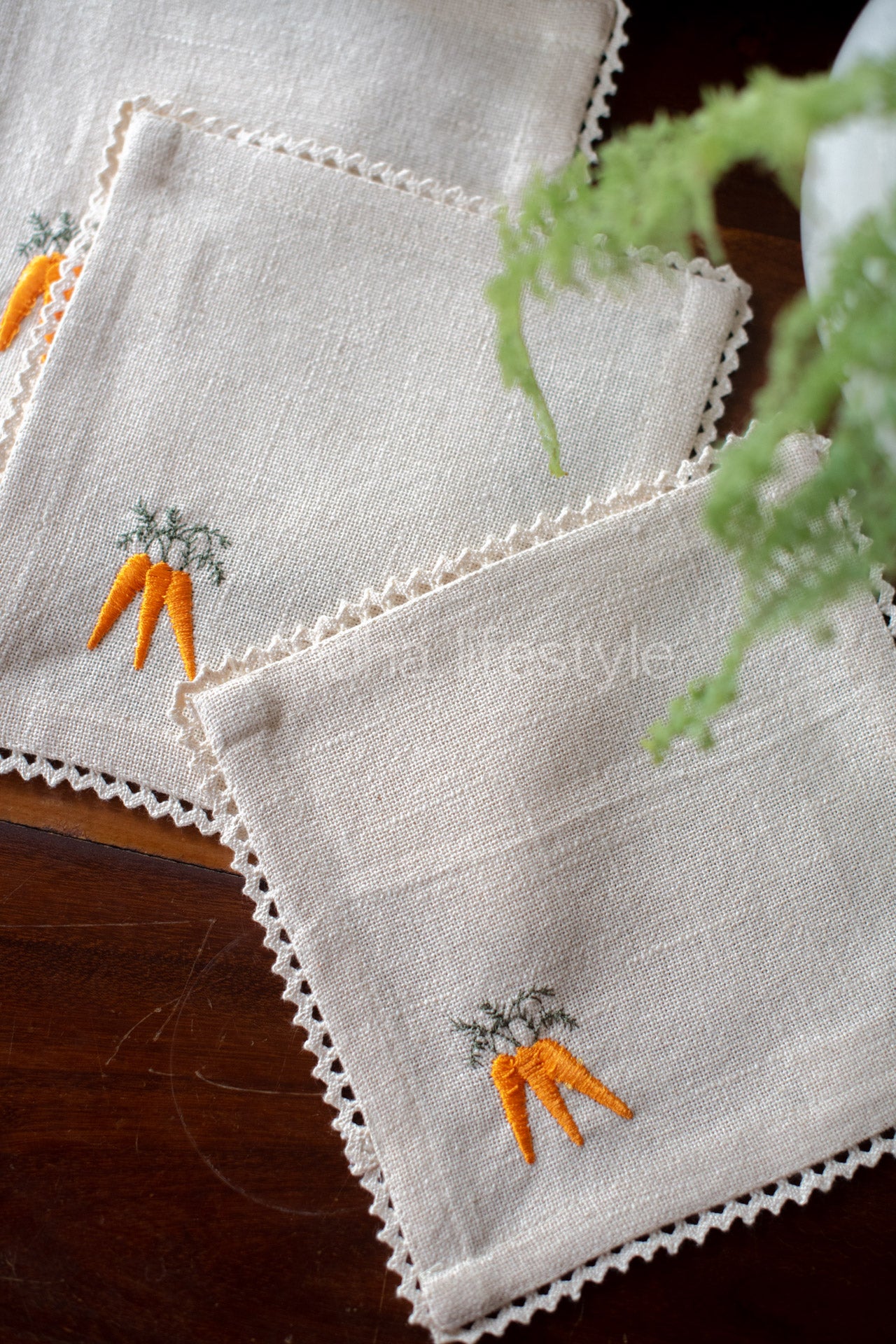 Cotton coasters with embroidery and lace detailing -set of 4