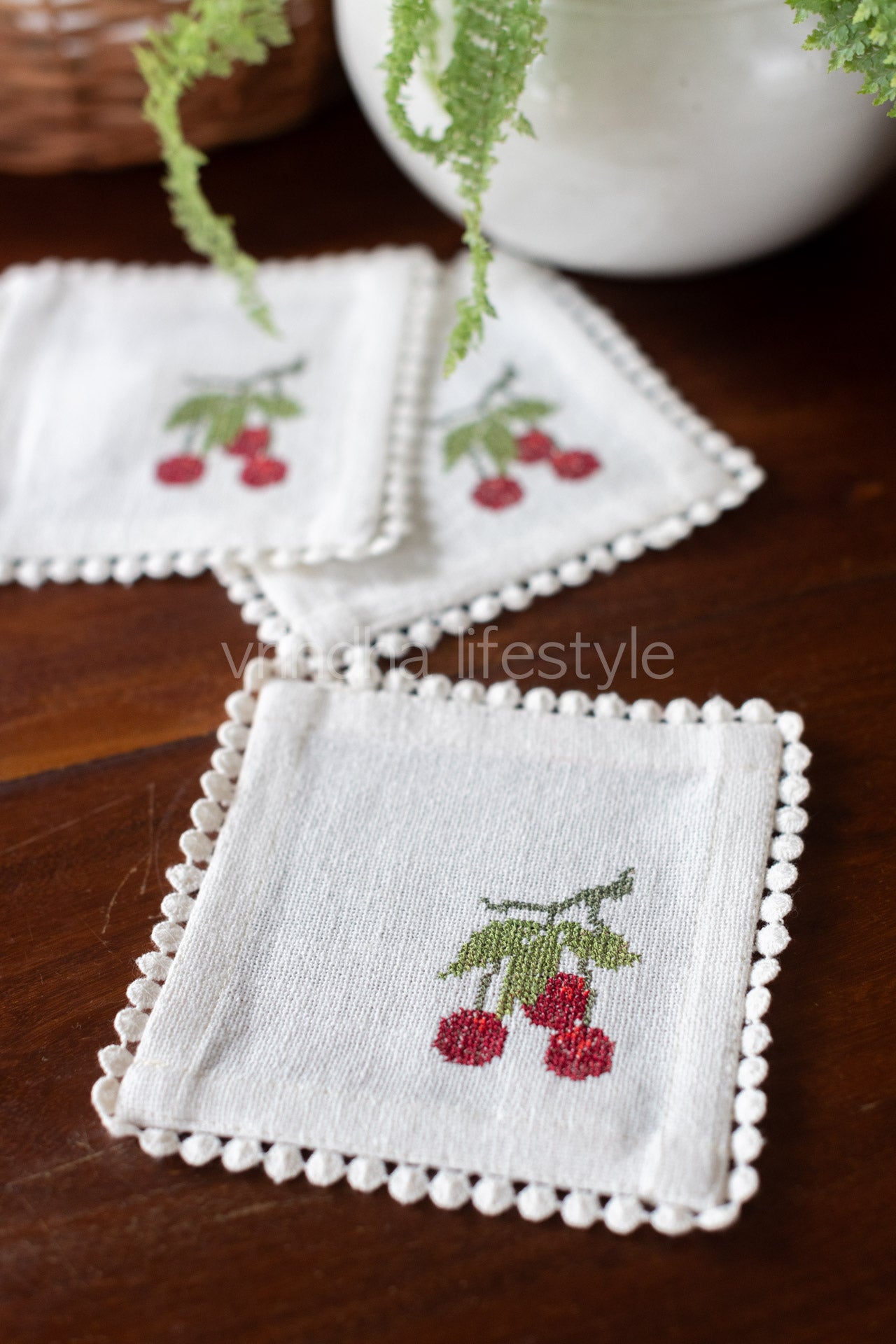 Cotton coasters with embroidery and lace detailing -set of 4