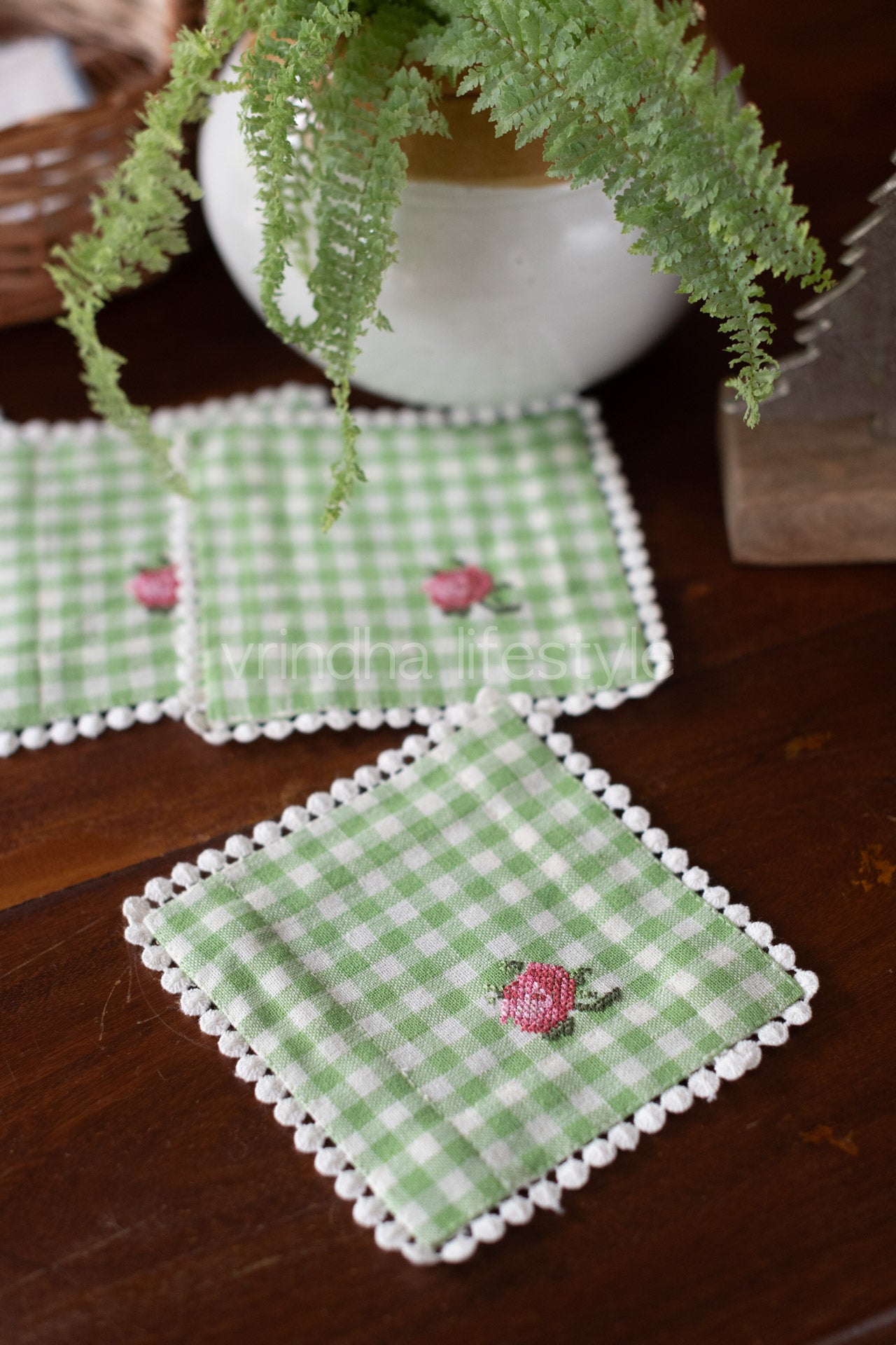Cotton coasters with embroidery and lace detailing -set of 4