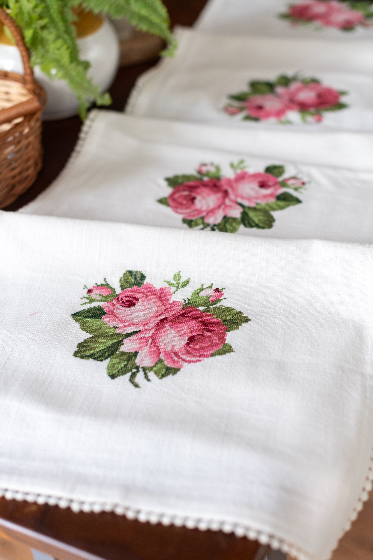 Cotton table runner with cross stitch embroidery and lace detailing- 16x104 inches-customisable