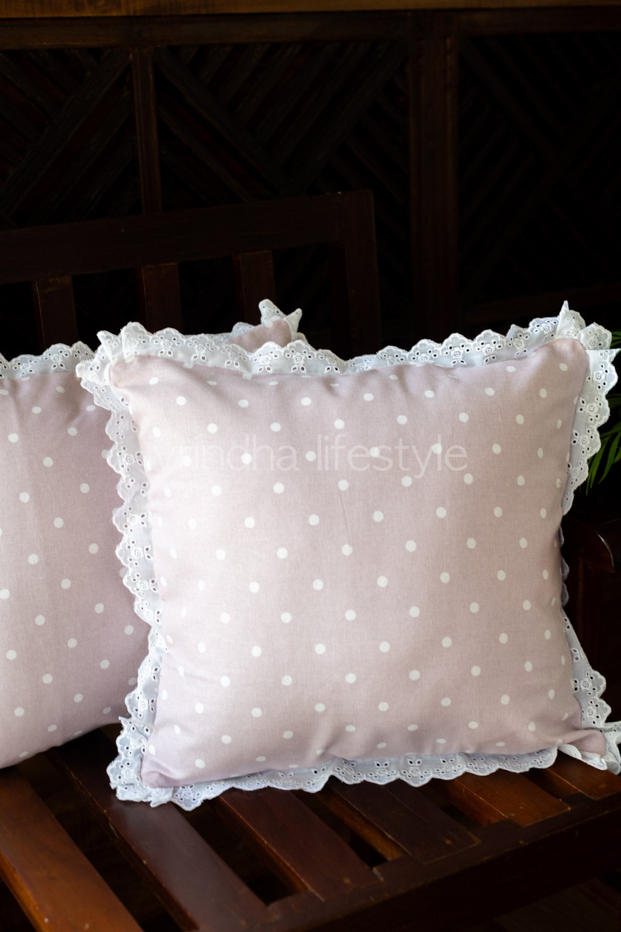Cotton Polka dot cushion covers with lace detailing-Single Unit