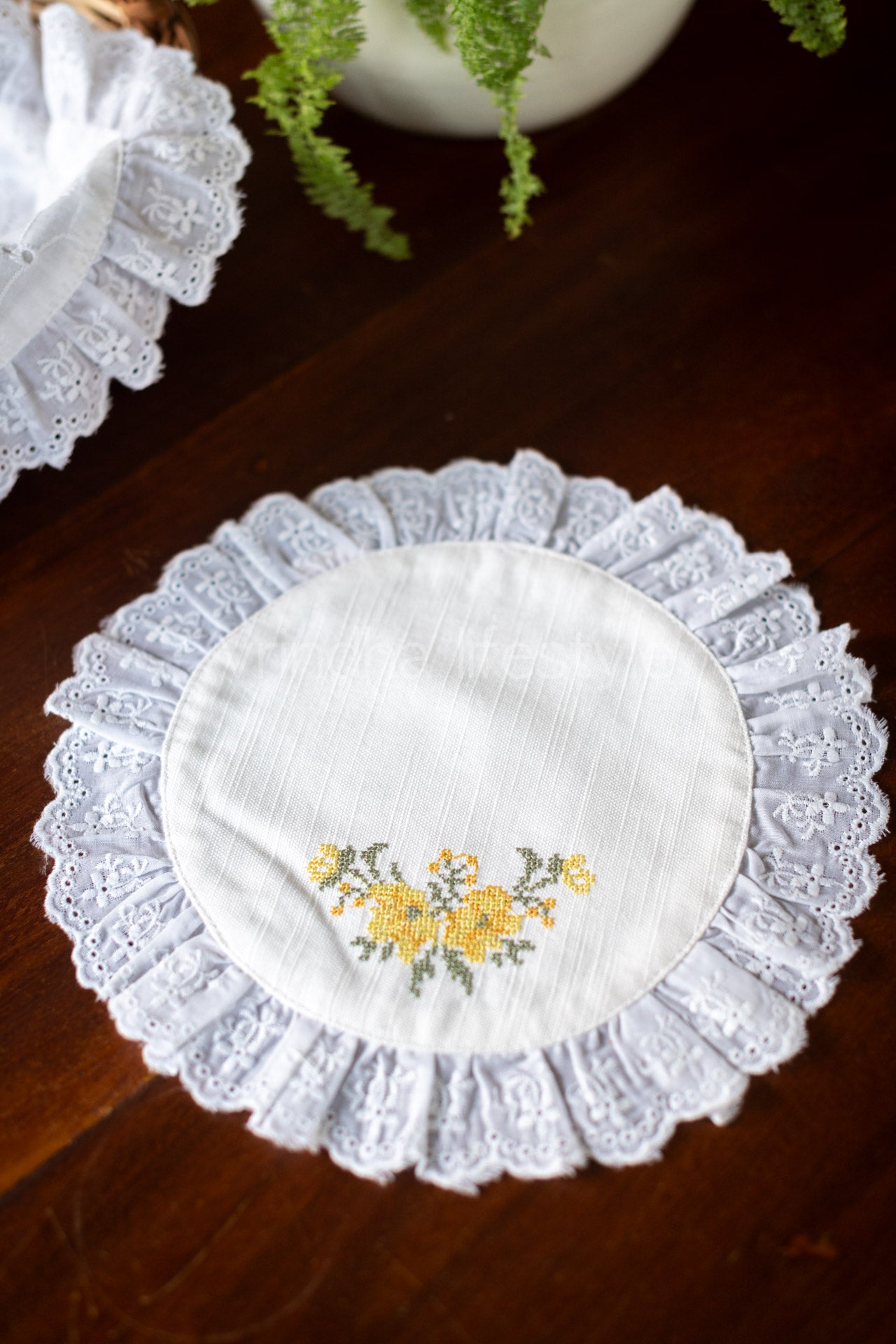 Round cross stitch embroidered table mat with lace detailing ,10 inches-Single unit