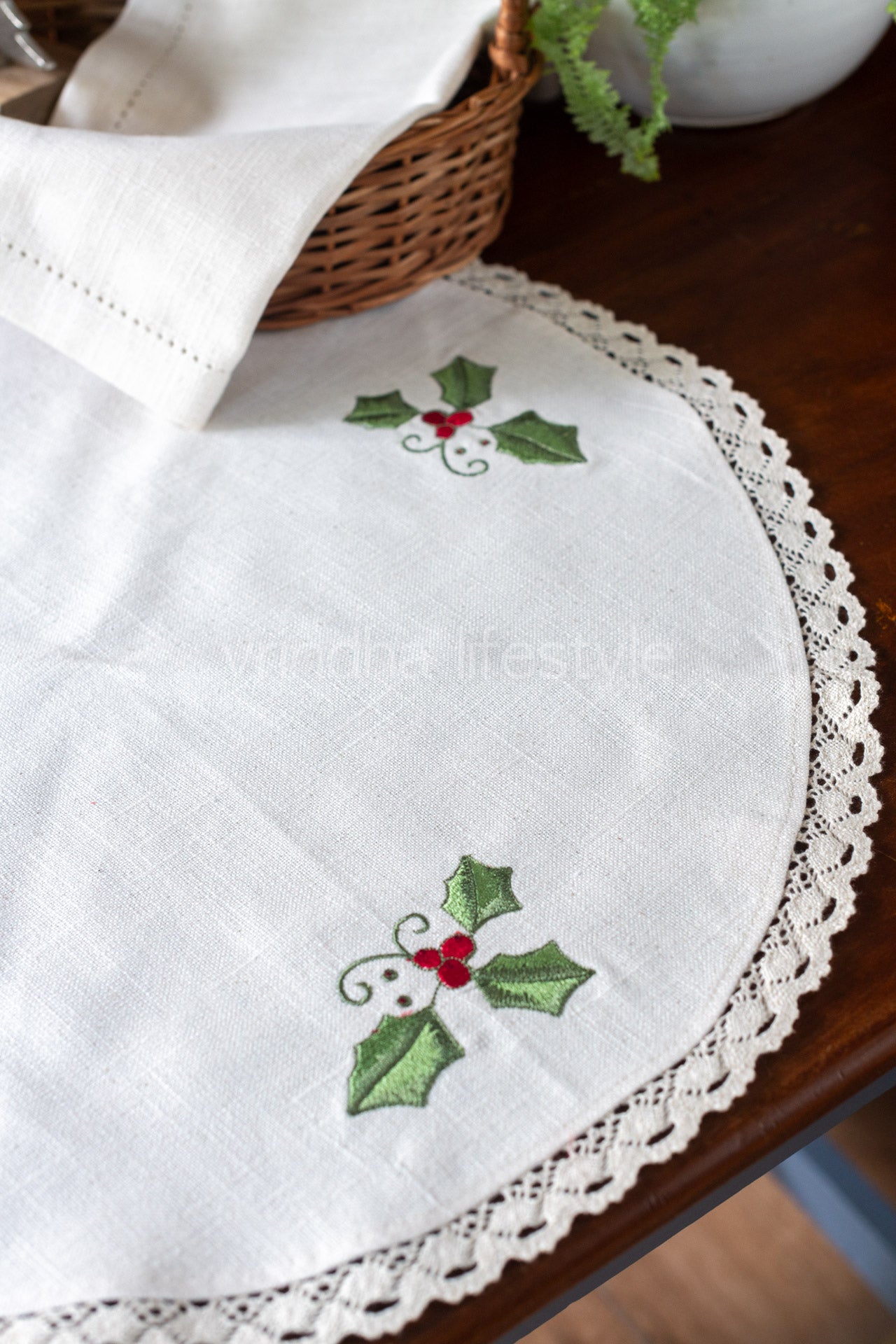 Round table mat with embroidery and lace detailing-20 inches