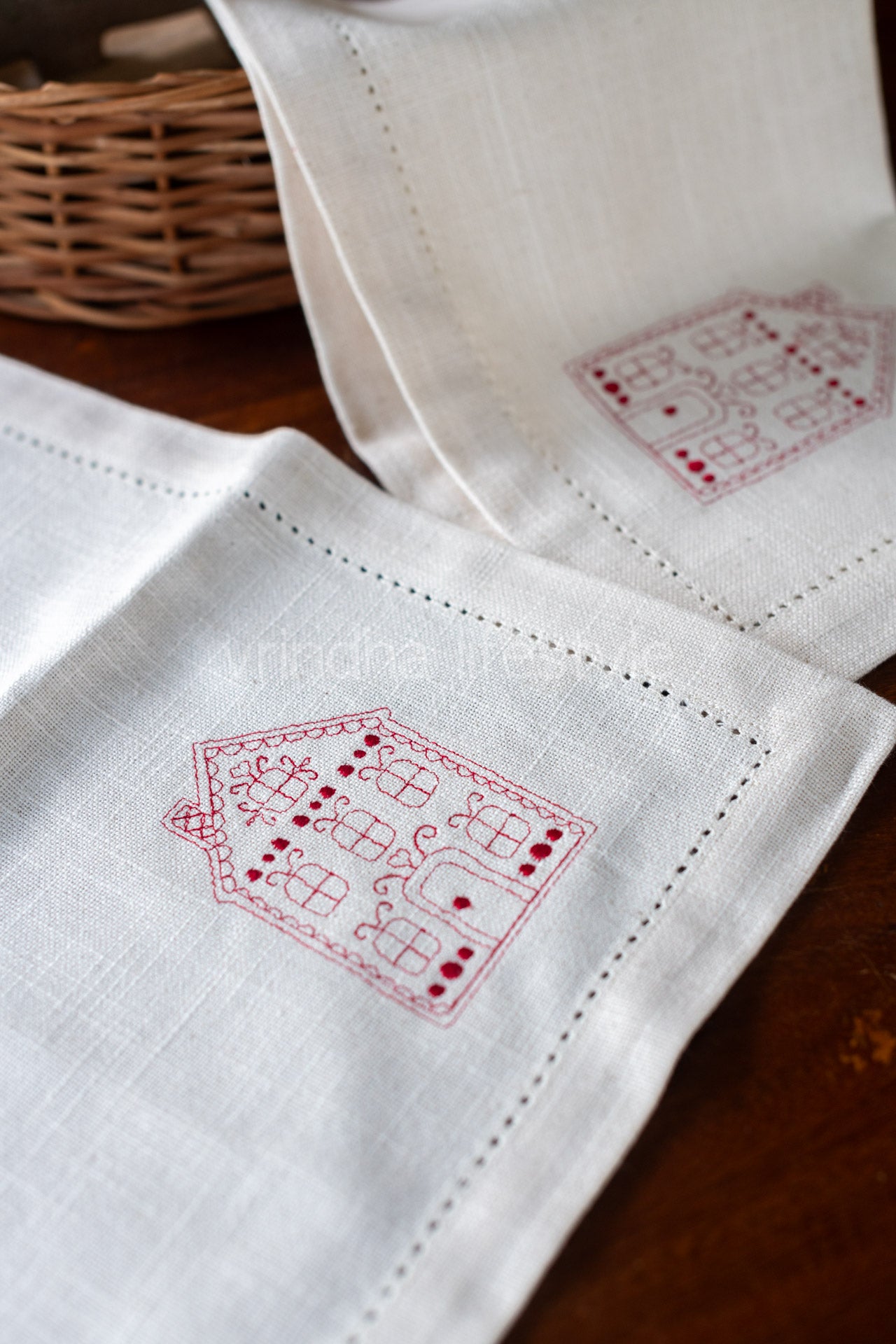 COTTON TABLE NAPKINS with embroidery and hem stitch detailing-Set of 2