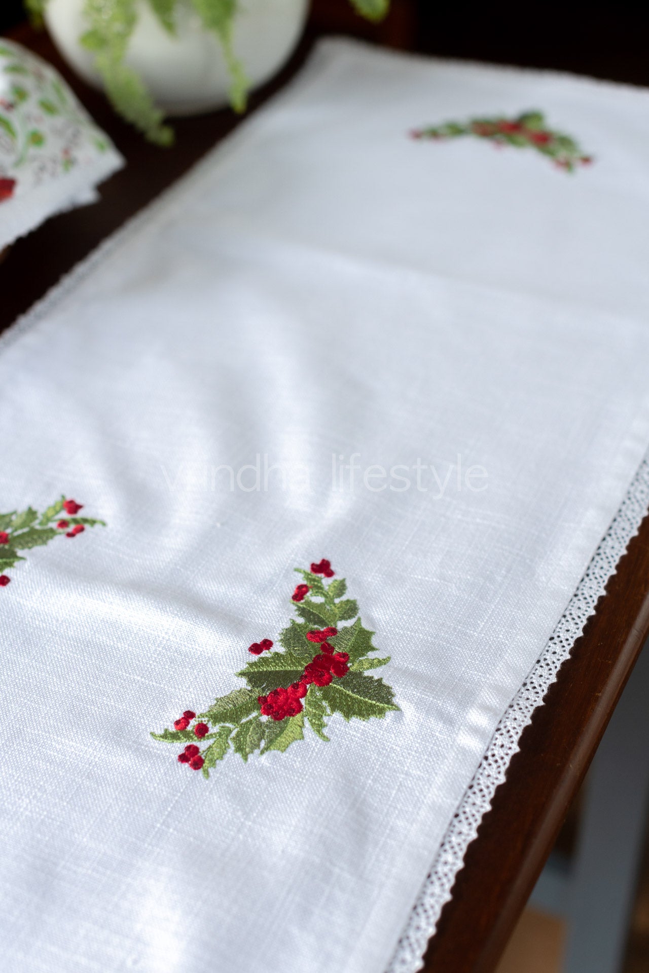 Cotton runner with embroidery and lace detailing- 13.5x46 inches-customisable