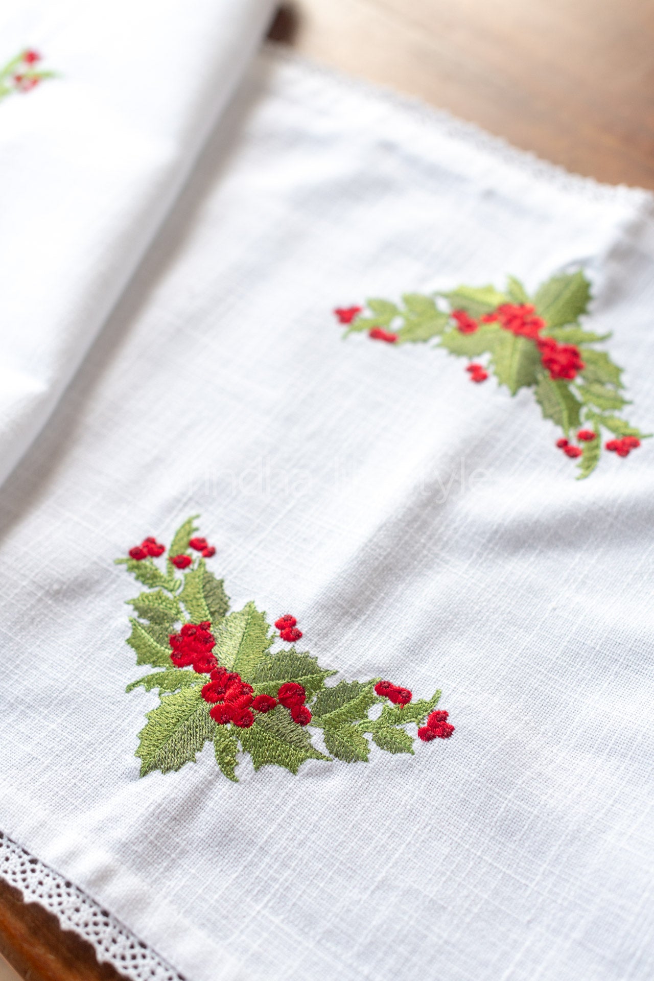 Cotton runner with embroidery and lace detaililng - 13x46 inches-coffee table runner