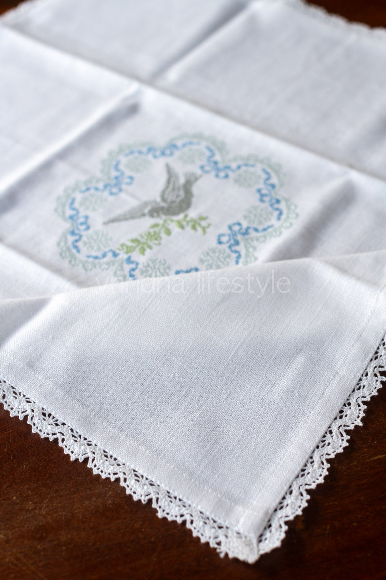 COTTON TABLE CLOTH with embroidery and lace detailing -Square -coffee table cover-customisable