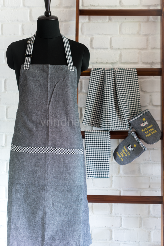 COTTON KITCHEN APRON SET- 1 apron with 2 kitchen towels and 2 oven gloves