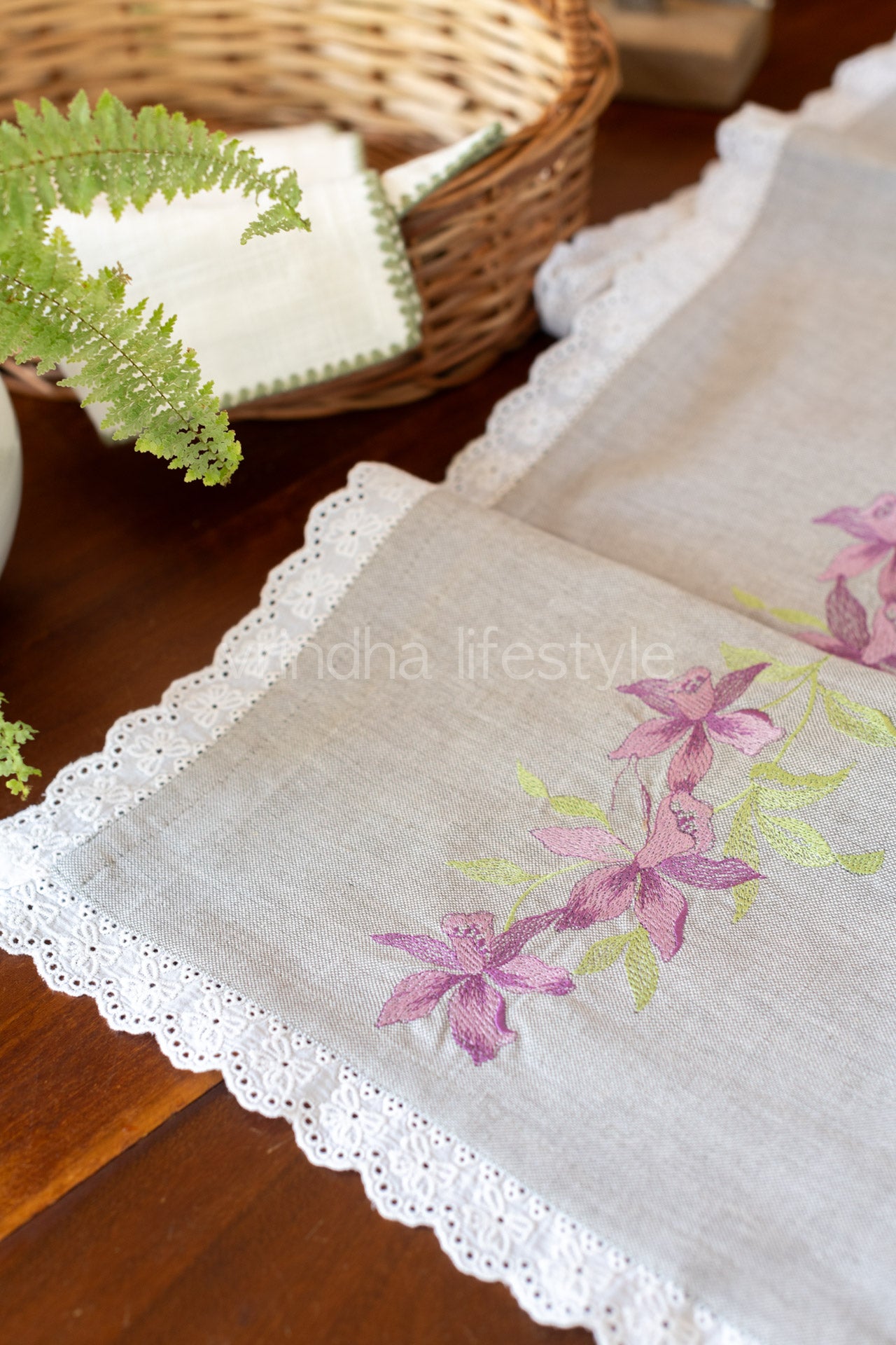 Cotton runner with embroidery and lace detailing- 13x46inches