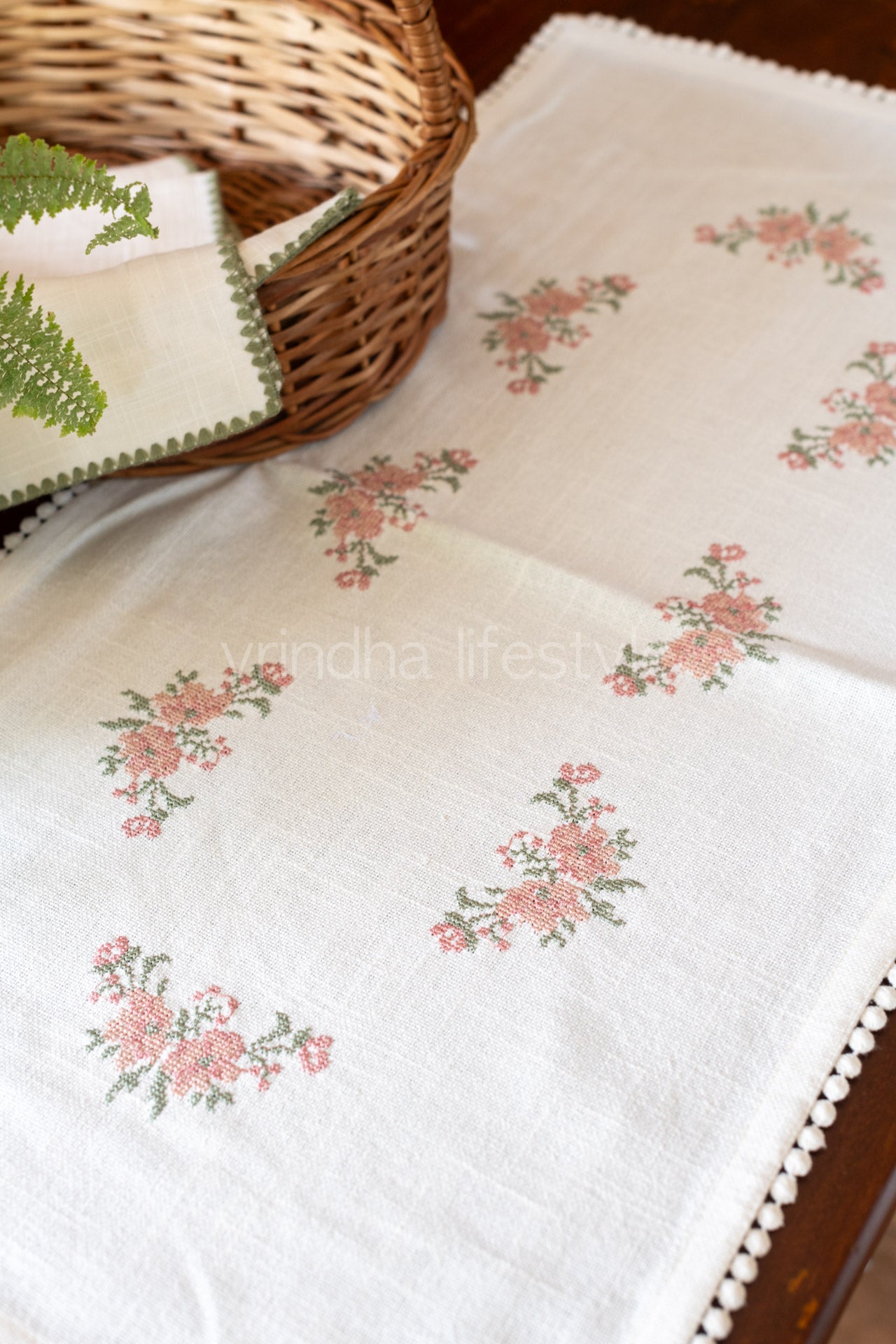 Cotton runner with embroidery and lace detailing- 14x26 inches-customisable