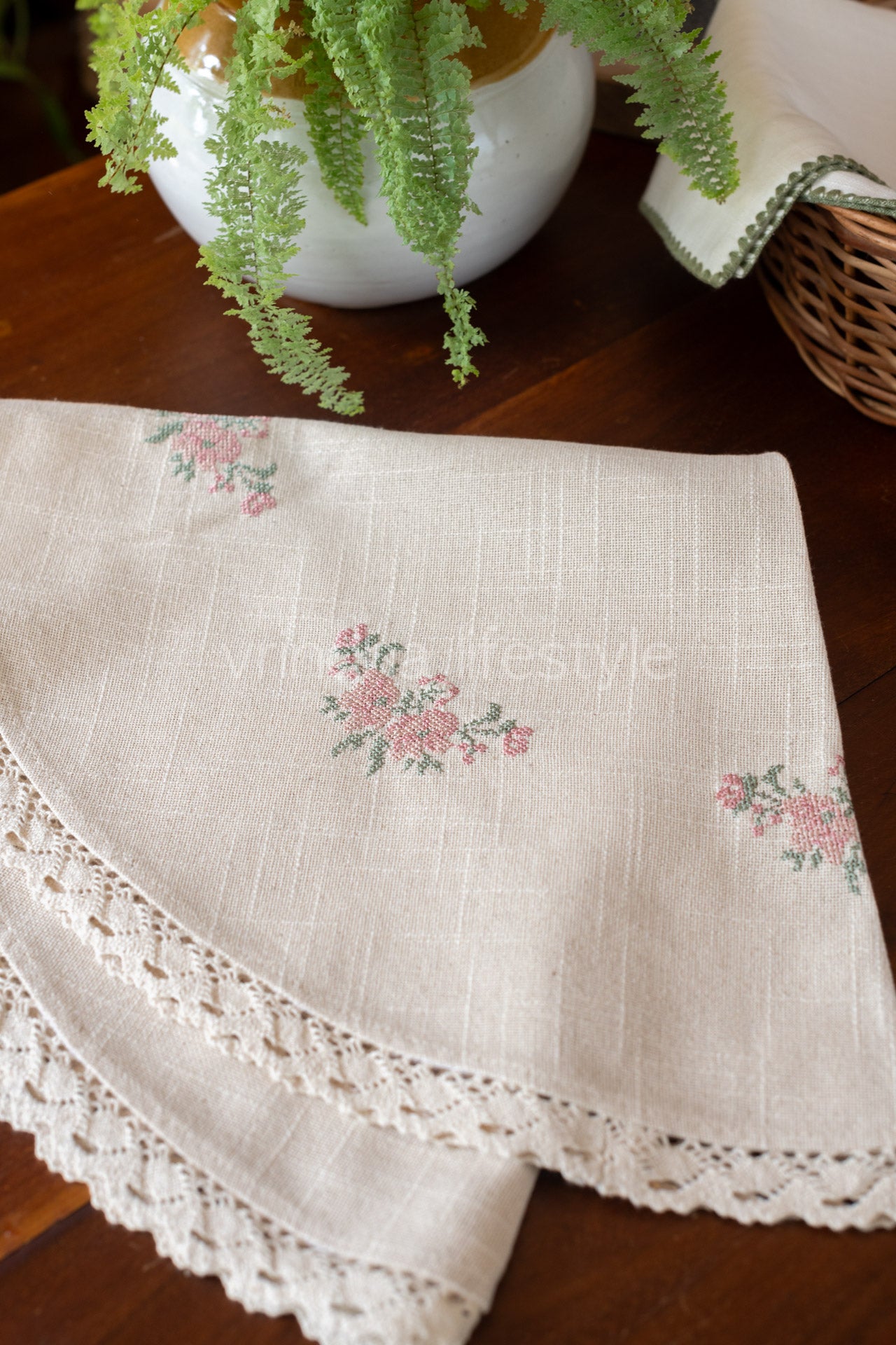 Round table cloth with embroidery and lace detailing-24 inches-coffee table cover