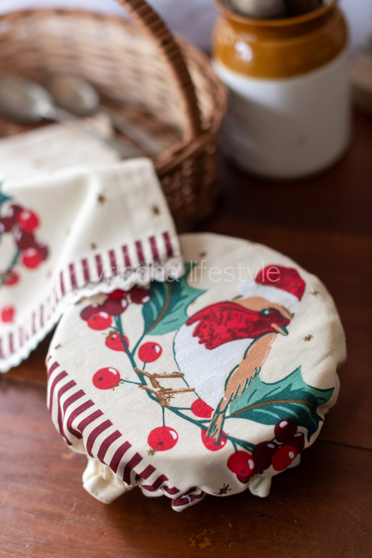 Reversible Fabric bowl covers-Set of 1 medium size bowl cover with 1 kitchen towel -Bakers 2 pcs gift set