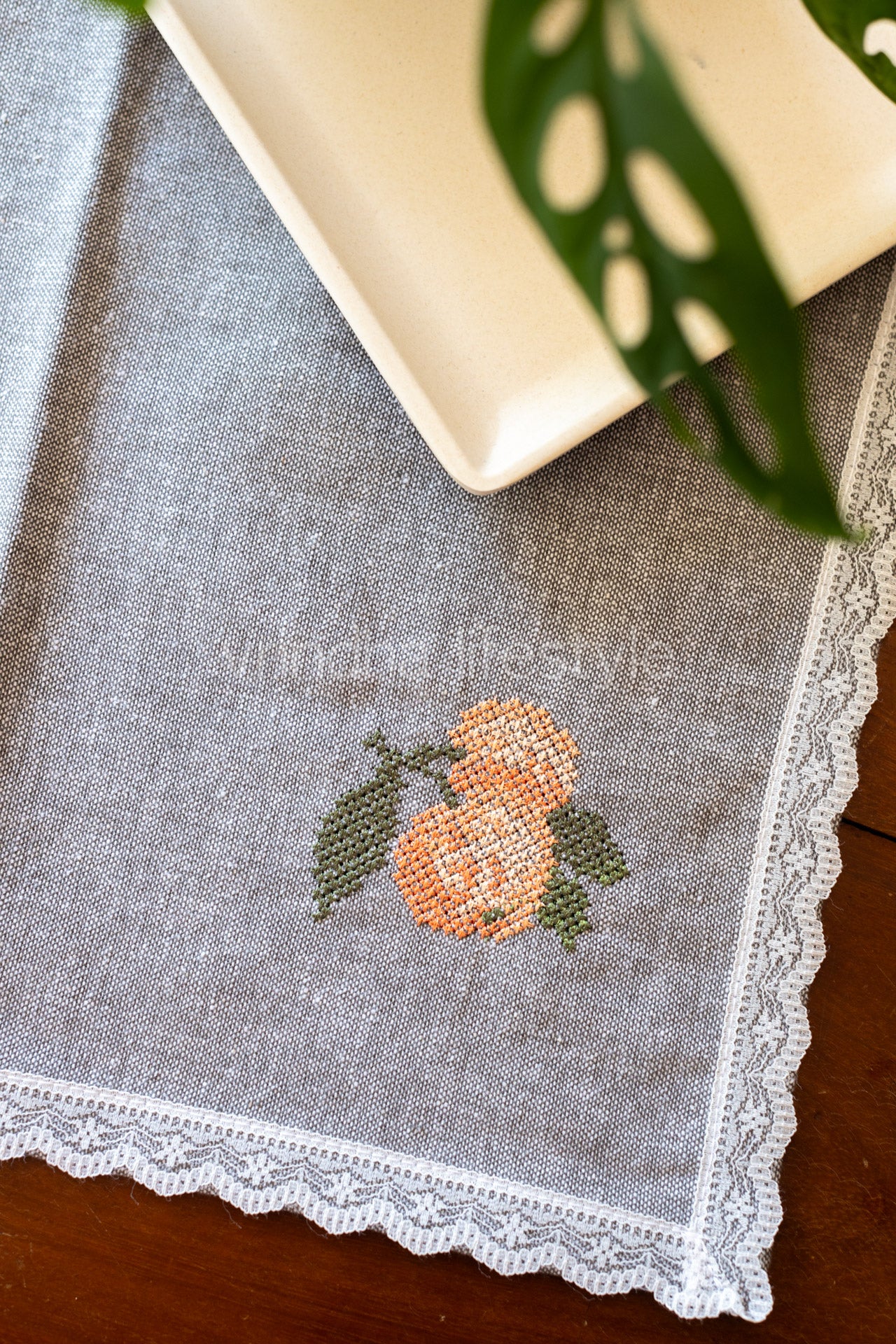 Cotton tray mat with embroidery and lace detailing-customisable
