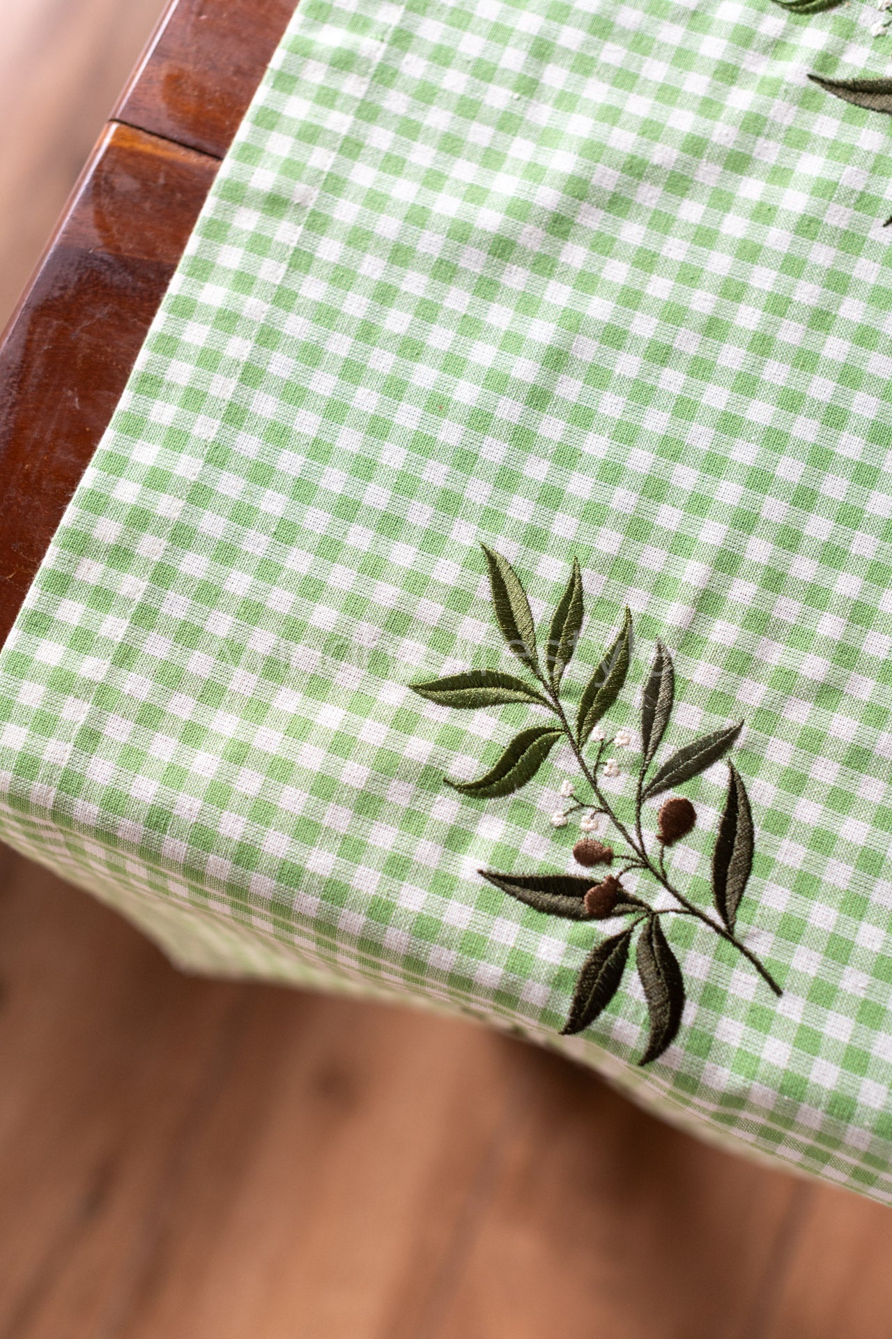 Cotton table runner with embroidery ,green checks- 14x54 inches-customisable