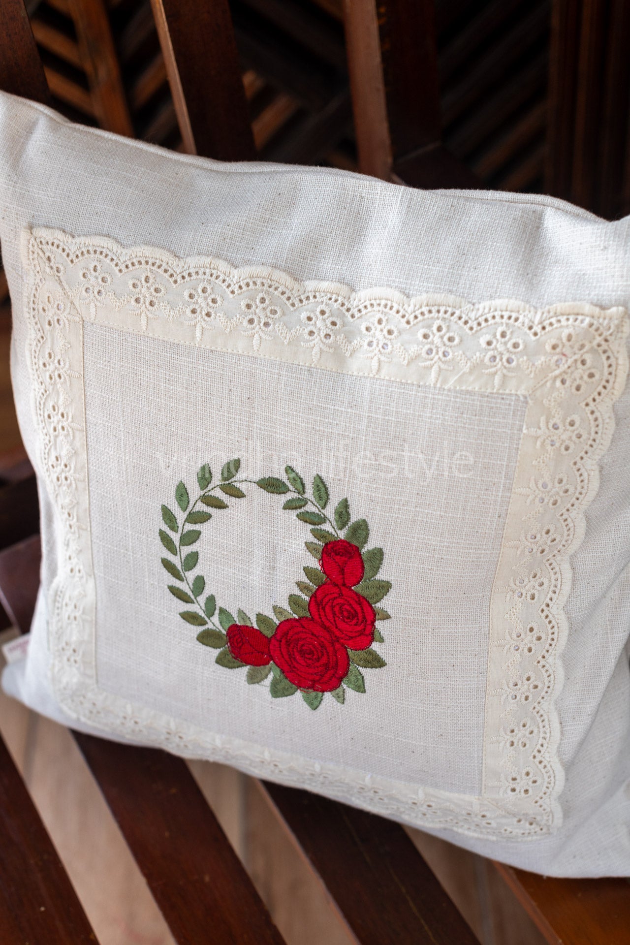 Cotton cushion cover with embroidery and lace detailing -Single unit- 16x16 inches( Customisable)