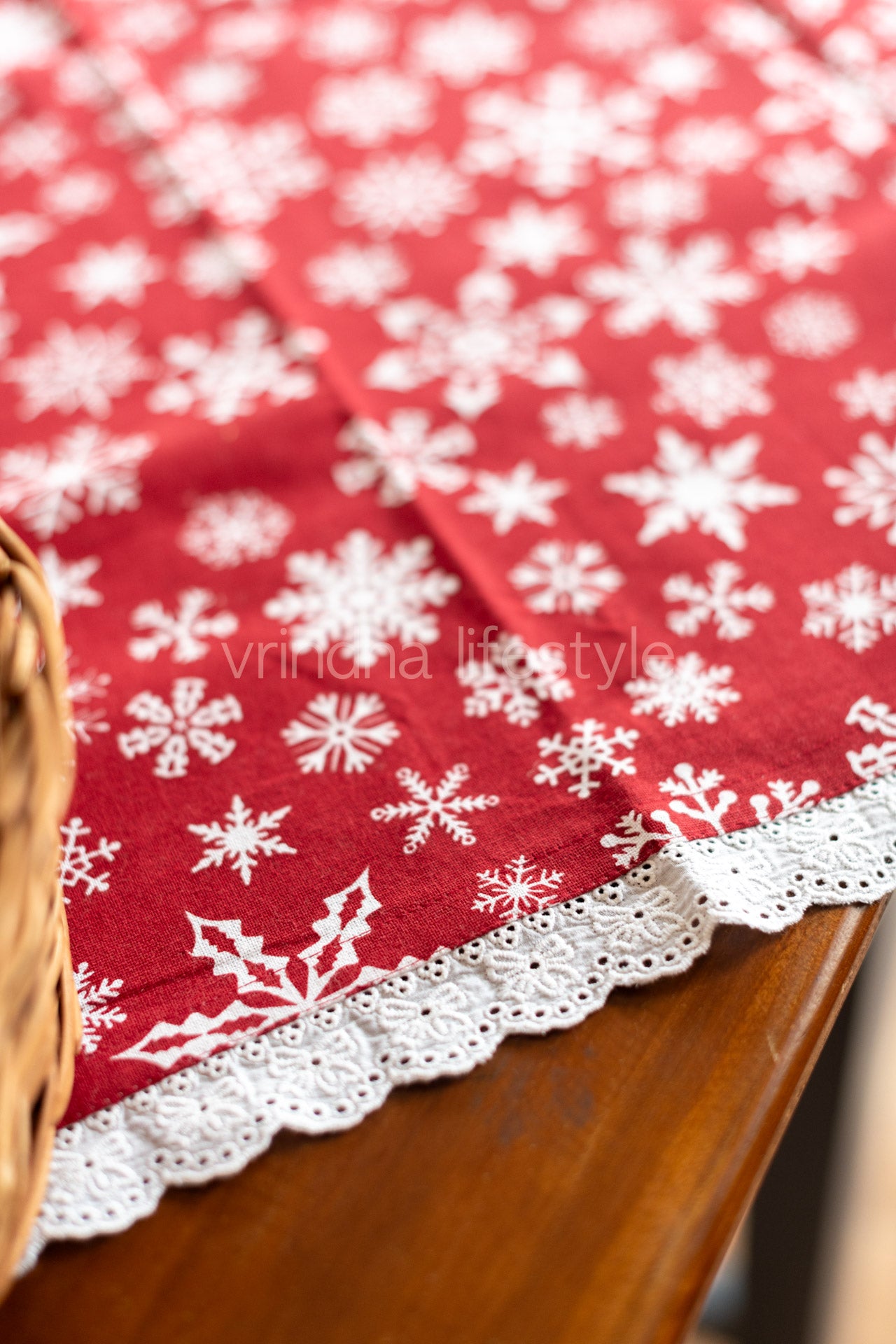 Cotton printed table cover with lace detailing-customisable