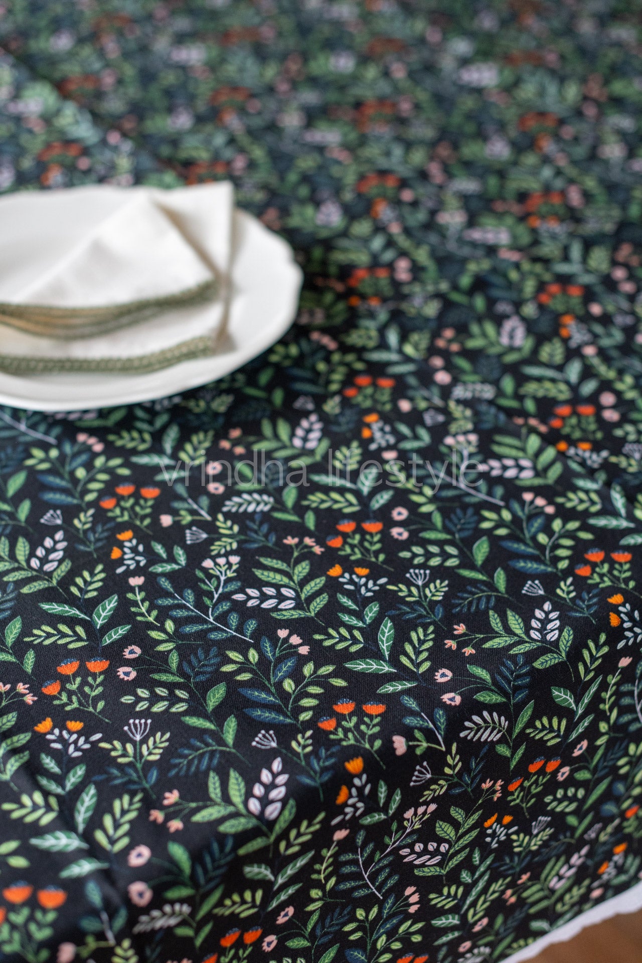 Cotton printed table cover with lace detailing-customisable