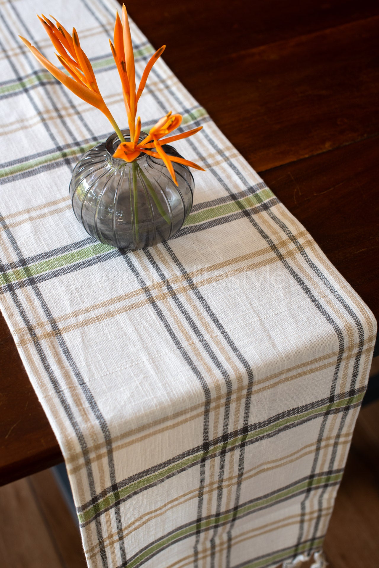 Woven cotton checks table runner with tassels -10.5x58 inches -customisable