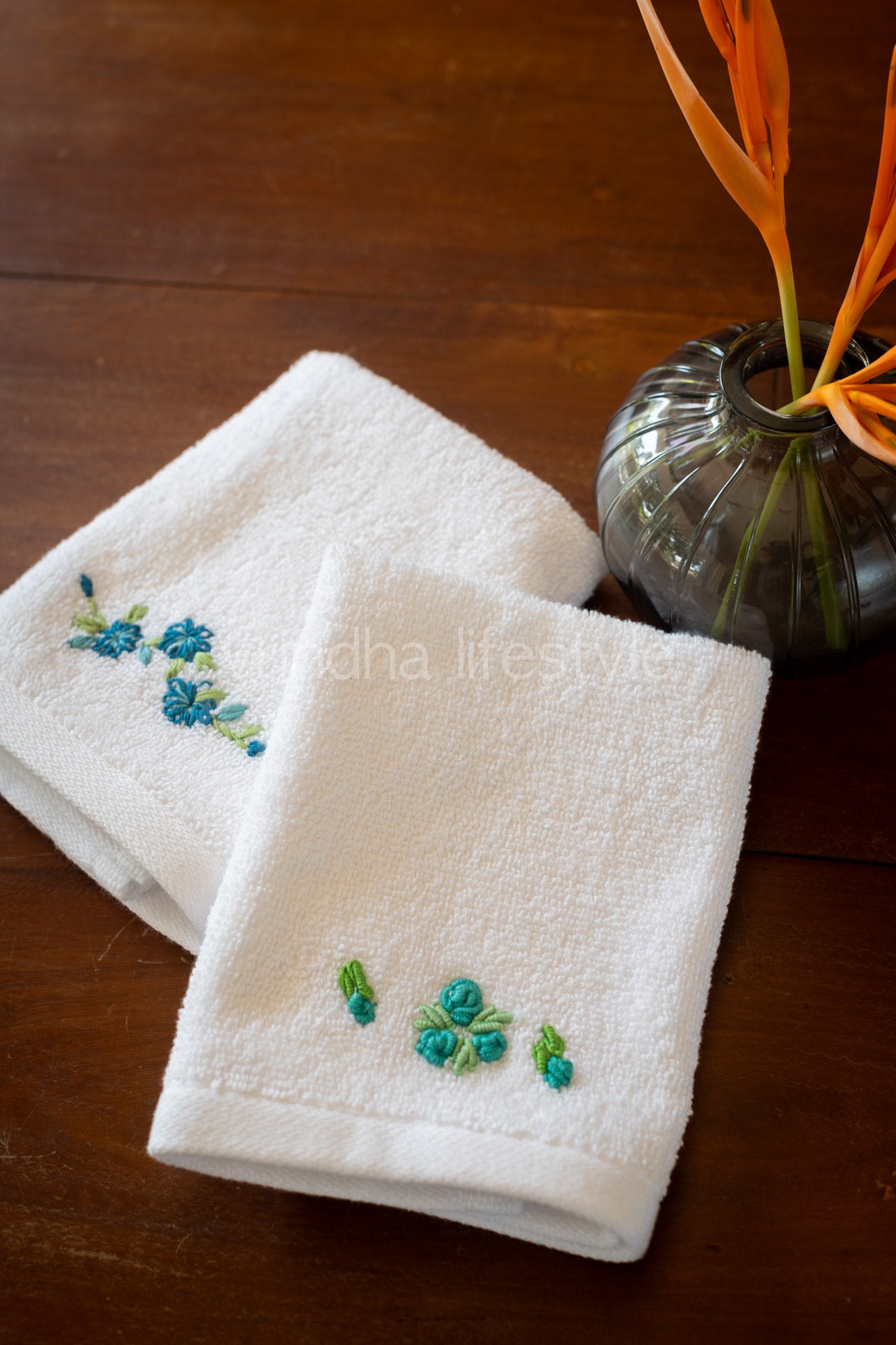 SOFT FACE TOWEL WITH HAND EMBROIDERY, 12inch x 12 inch -set of two
