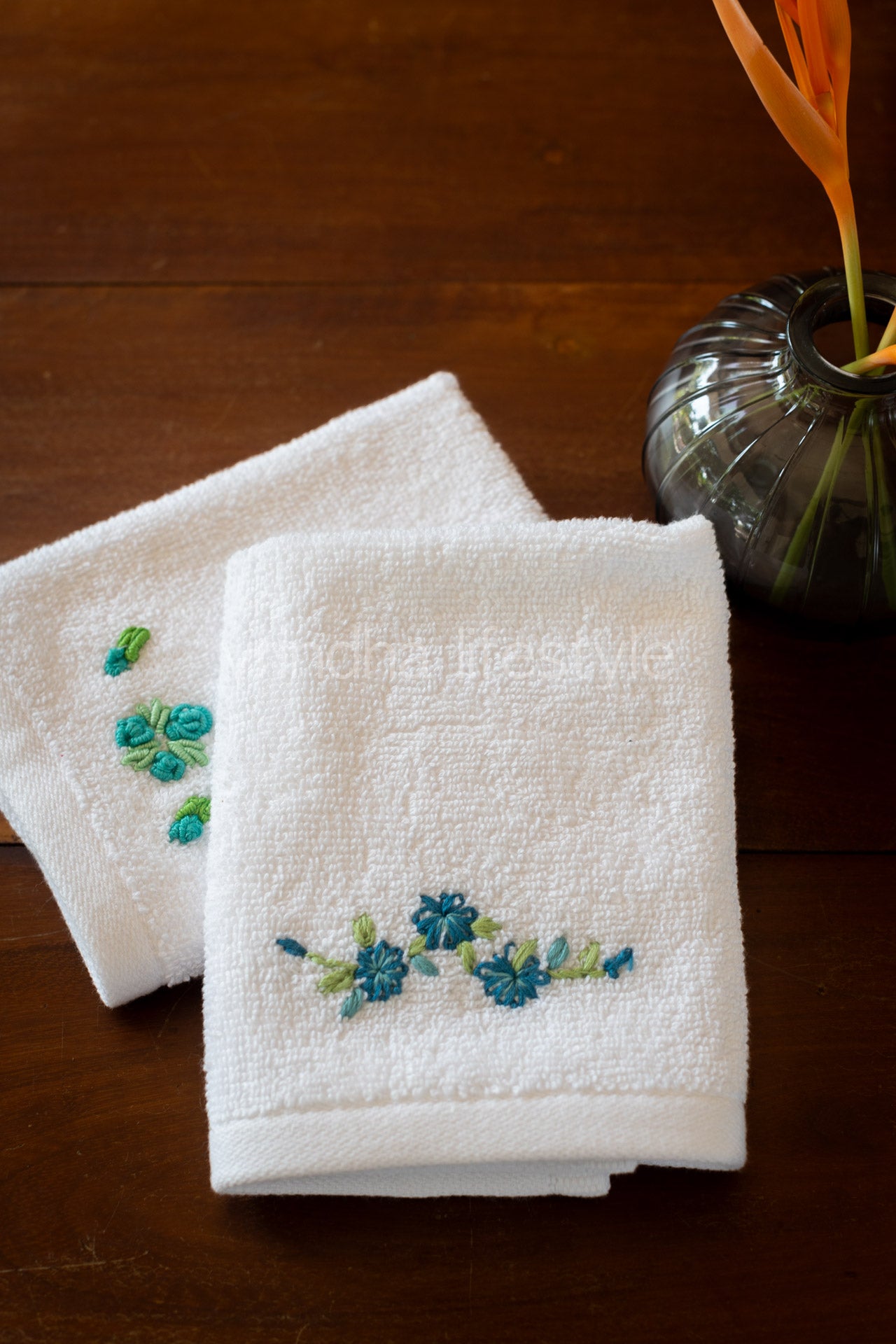 SOFT FACE TOWEL WITH HAND EMBROIDERY, 12inch x 12 inch -set of two