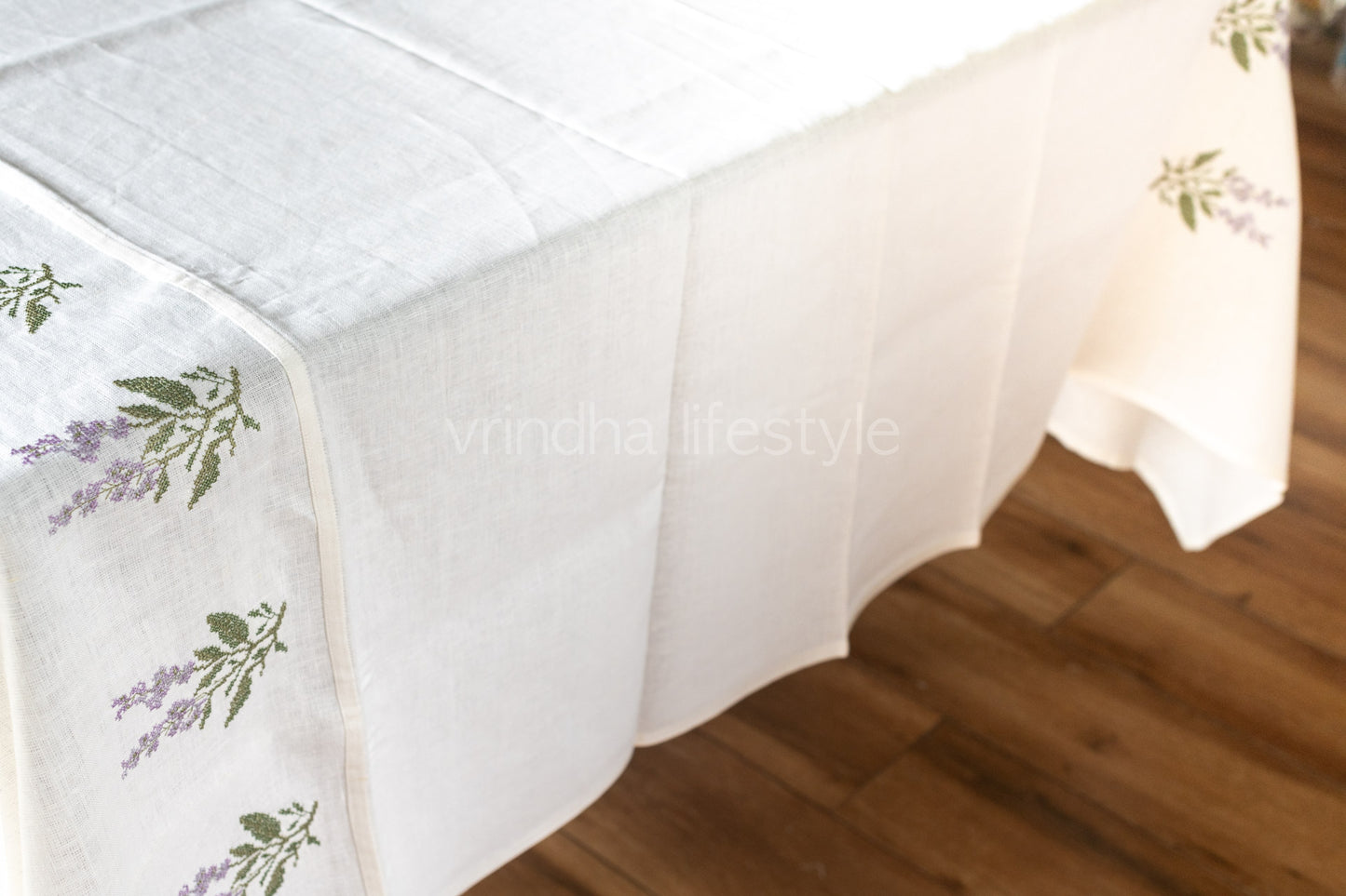 LINEN COTTON TABLE CLOTH with cross stitch embroidery -Square- 8 seater