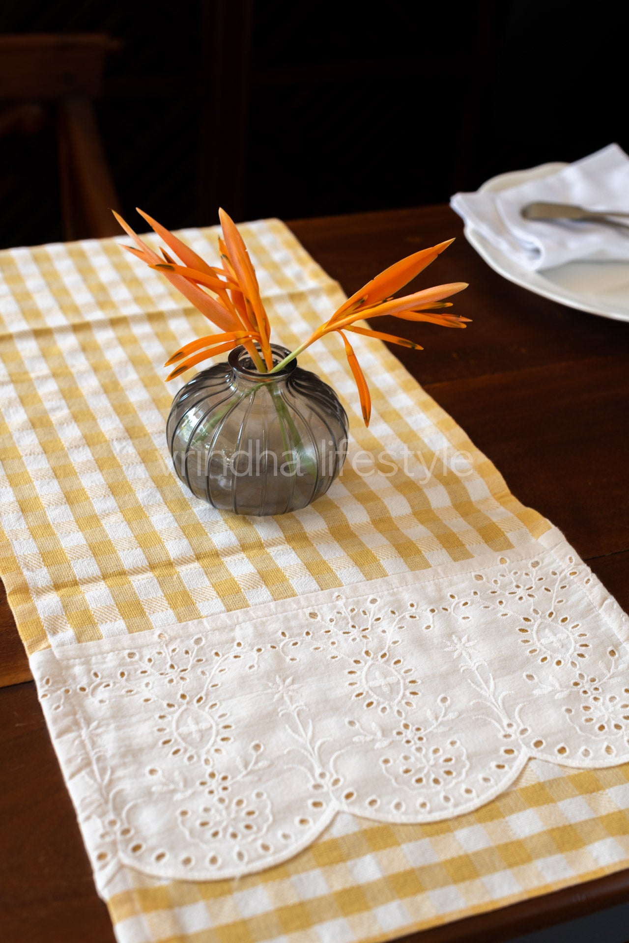 Cotton Coffee table runner with lace detailing-15x42 inches