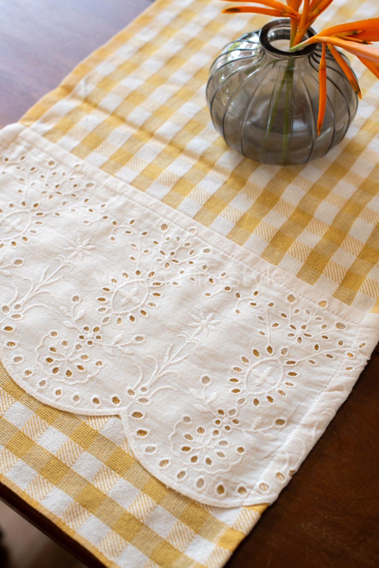Cotton Coffee table runner with lace detailing-15x42 inches